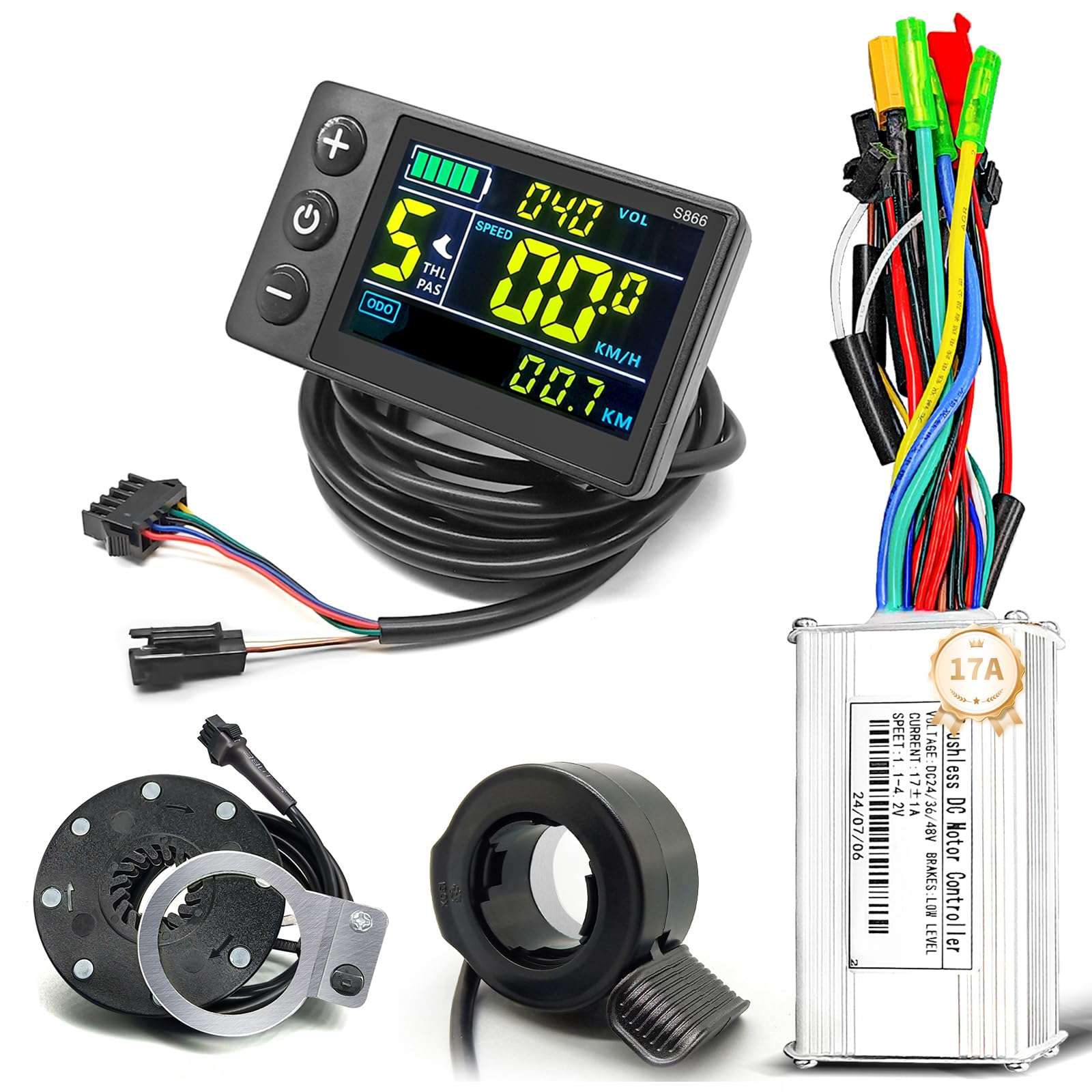 Ebike 17A Sine Wave Controller with CS866 Color Display, Adjustable Throttle & PAS for 500W 800W 1000W 1800W Electric Bicycles Hub Motor 1