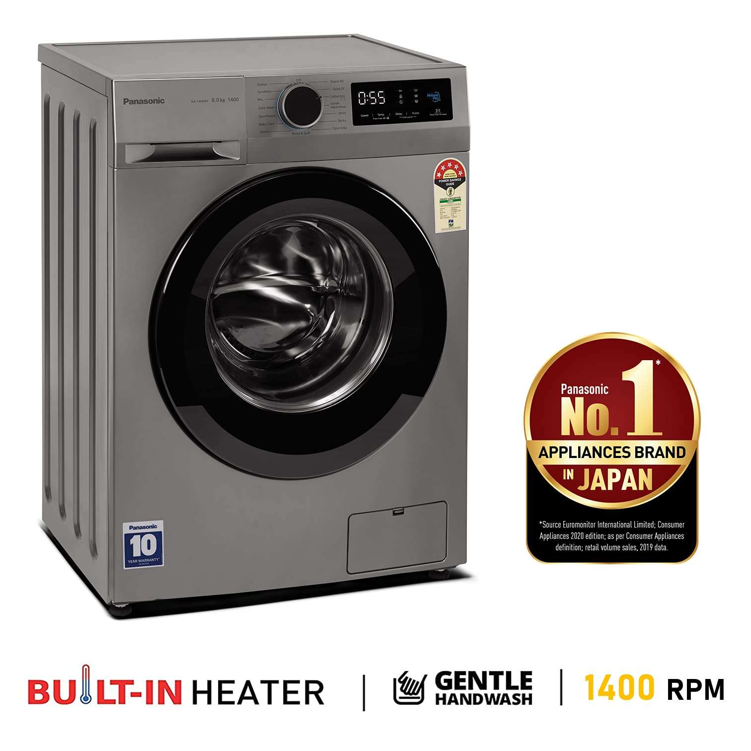 Panasonic 8 kg 5 Star Fully Automatic Front Loading Washing Machine (NA-148MB3L01, Grey) 3