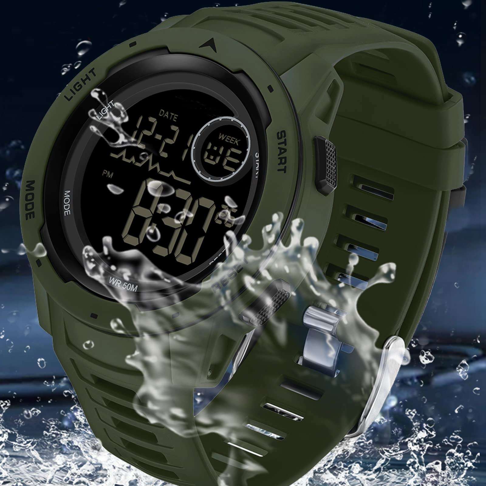 findtime Green Digital Watch Men Women Watches Running Swimming Waterproof Reloj para Hombre Mens Military Tactical Sports 5ATM LED Back Ligh/Alarm/Date/12/24H Stopwatch Outdoor Unisex 4