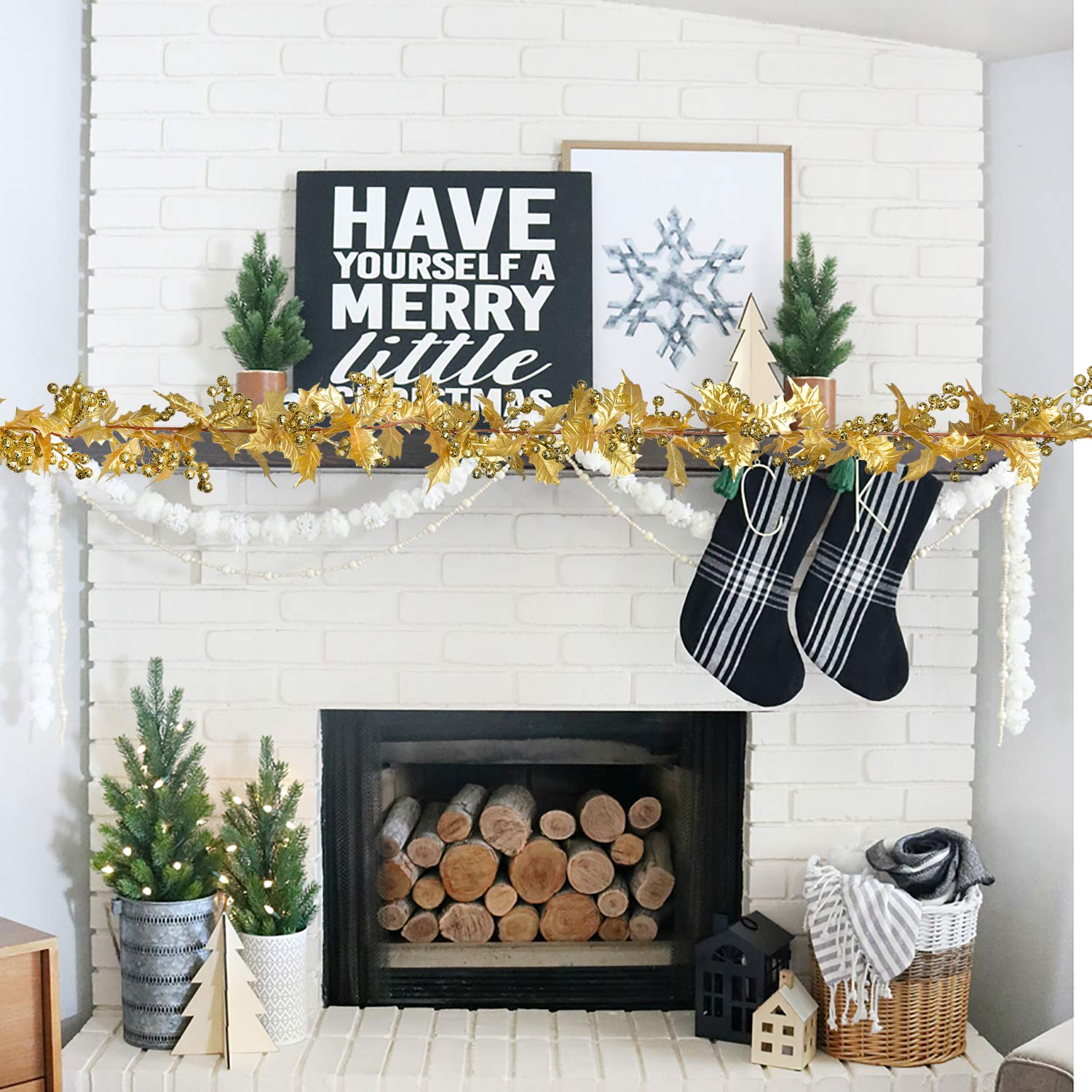 Lvydec Red Berry Garland Christmas Decoration - 5.8ft Artificial Greenery Garland with Red Berries and Holly Leaves for Holiday Fireplace Mantel Table Decoration 5