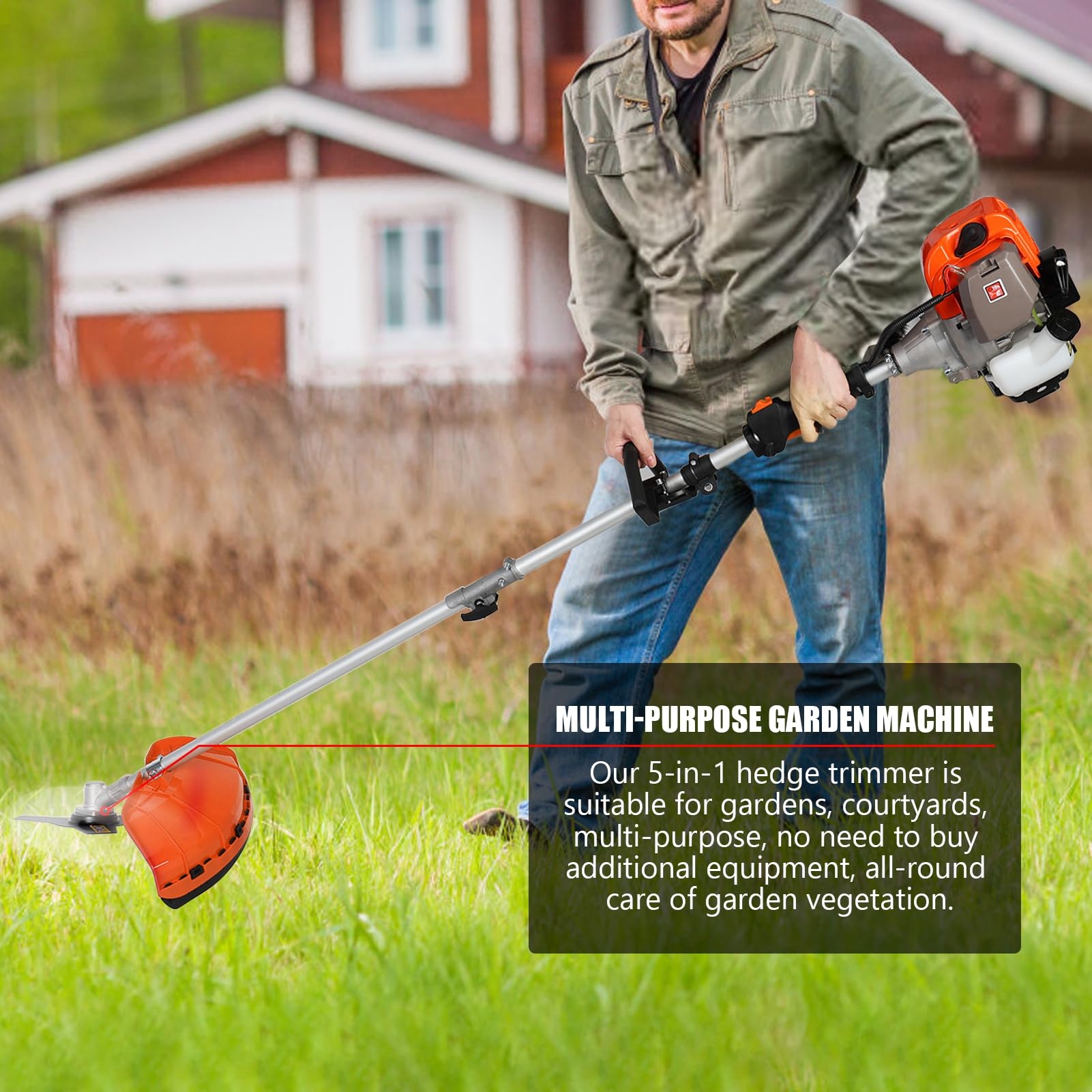 52CC Petrol Grass Strimmer Cordless, 5 in 1 Garden Brush Cutter, Extendable Hedge Trimmer Long Reach, Line Strimmer with 134 Extension Pole, Pole Pruner & Chainsaw for Patio Yard Lawn Red 3