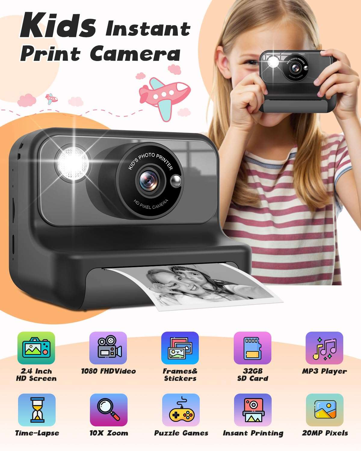 Kids Camera Instant Print, 1080P Video Instant Cameras for Kids, Christmas Birthday Gifts Toys Camera for Toddler Girls Boys Age 3-12-Black 3