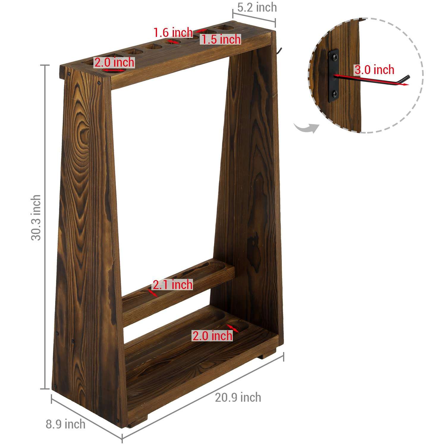 MyGift Rustic Burnt Brown Solid Wood Freestanding Billiards Acessories Storage Rack - Floor Standing Pool Cue Holder, Ball Shelf, and Triangle Hook 6