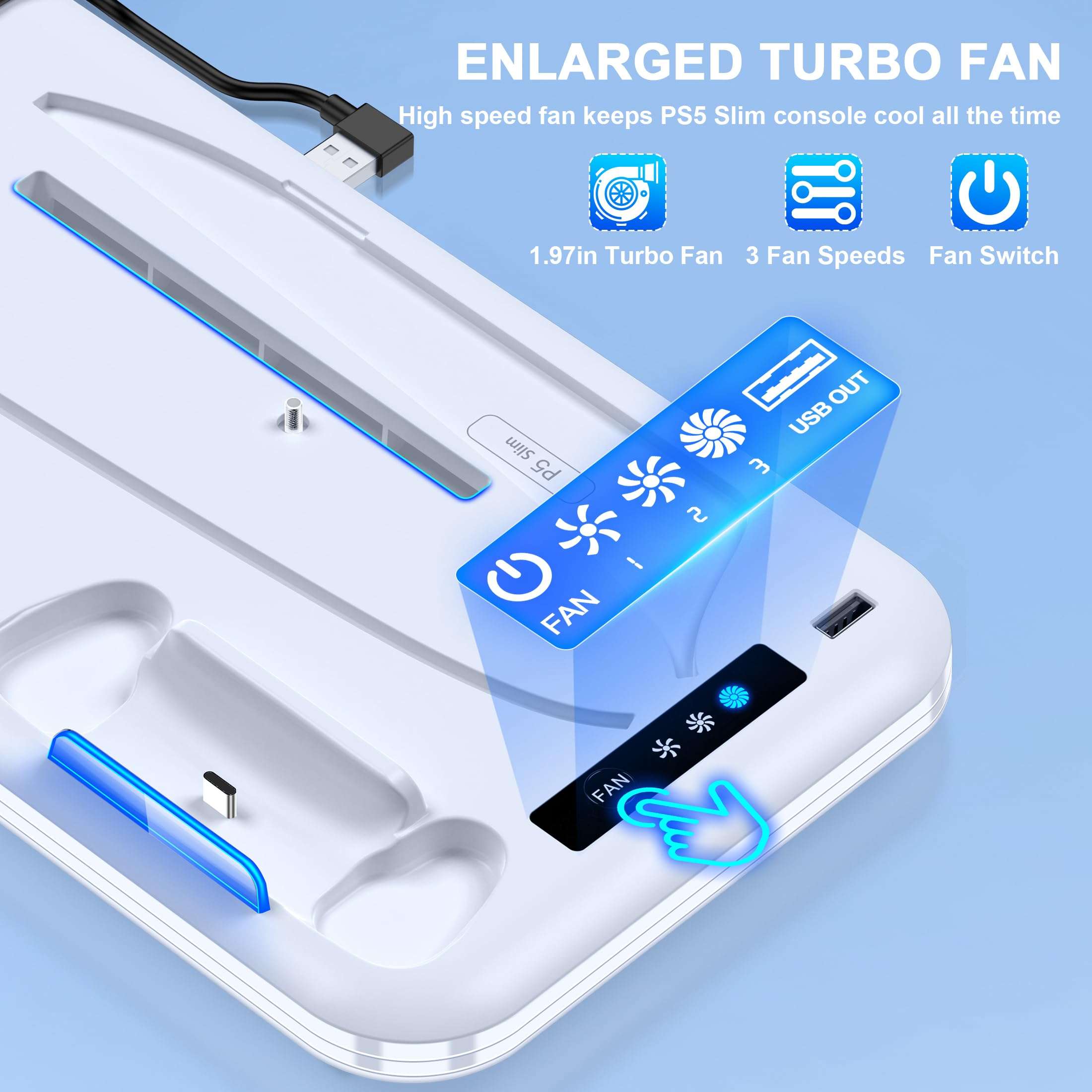 PS5 Slim Stand and Cooling Station with Dual Controller Charging Station for Playsation 5 Slim Disc/Slim Digital Console,PS5 Slim Accessories with 3 Levels Cooling Fan & Headset Holder 5