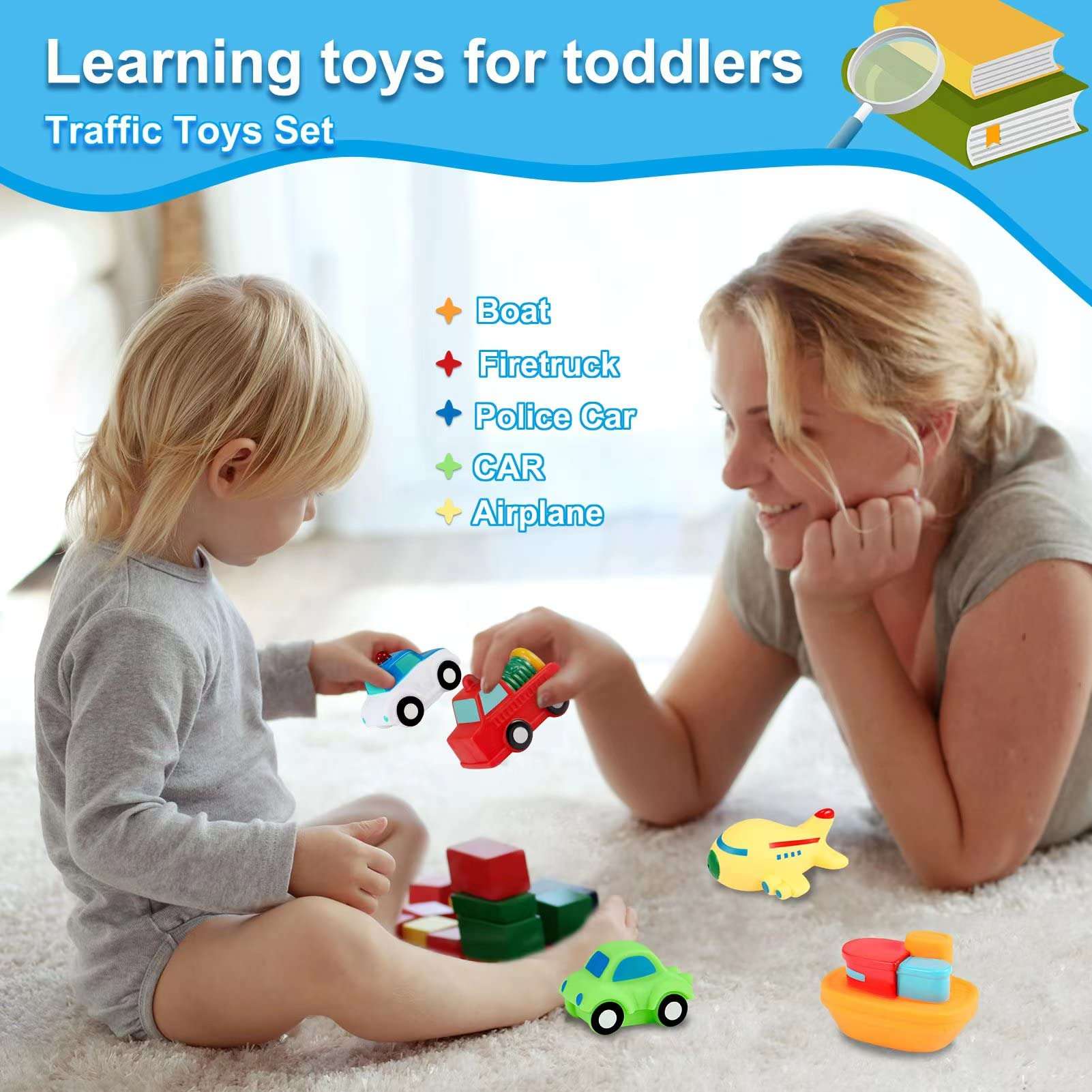 Toddler Bath Toys Bathtub Toy - Kids Floating Water Spray Toy Fun Bathtime with Boat, Plice Car,Fire Truck and Plane Plastic Toy for Baby Boys and Girls 3