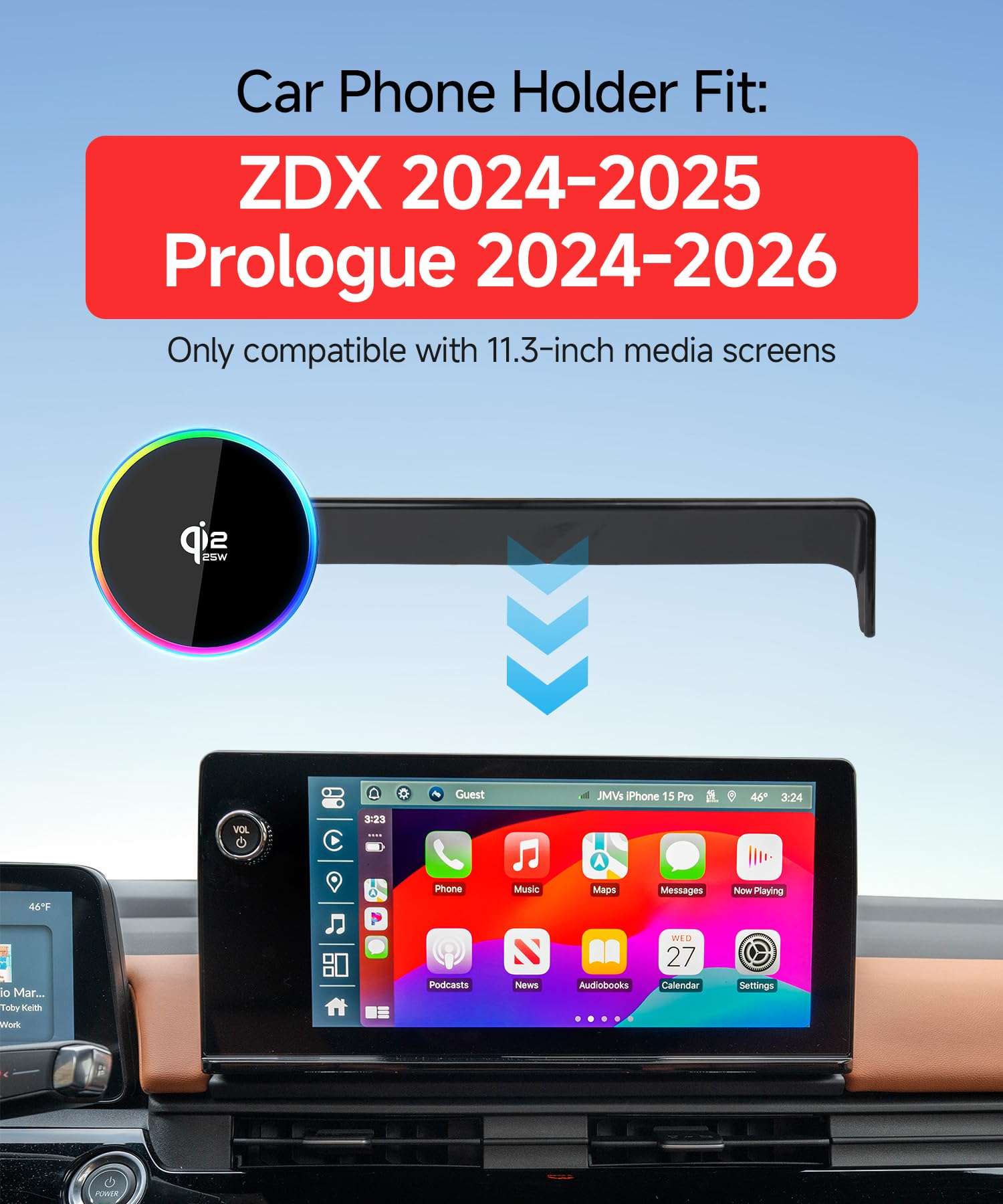 MaserWeller Qi2.2 Max 25W Fast Wireless Car Charger Phone Holder for 2024-2026 Honda Prologue/2024-2025 Acura ZDX 11.3-Inch Screen, Magnetic Phone Mount Compatible with MagSafe 3