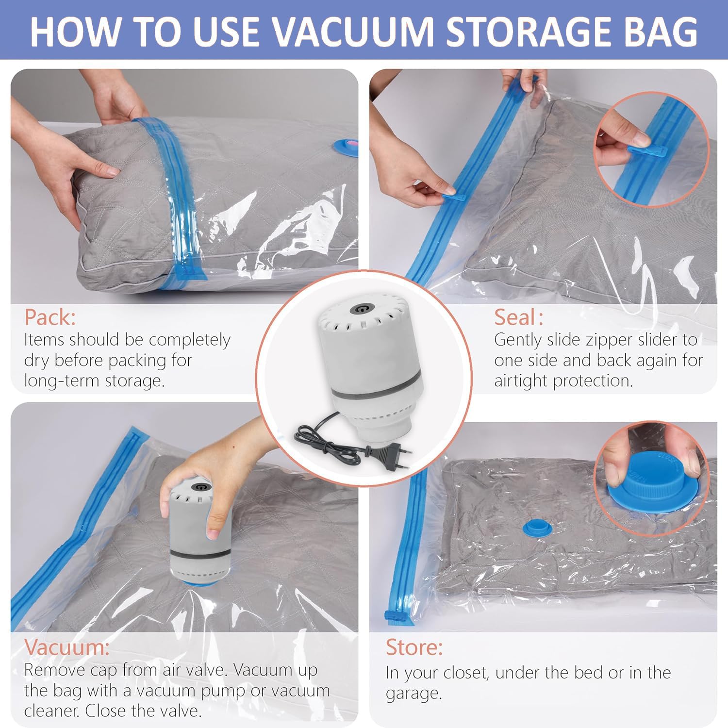 SELLWIZE Vacuum Storage Bags with Electric Pump, 5 Pack Small, Space Saver Bags with Triple-sealed Valve Airtight,Reusable Space Saver Compression Storage Bags For Packing 5