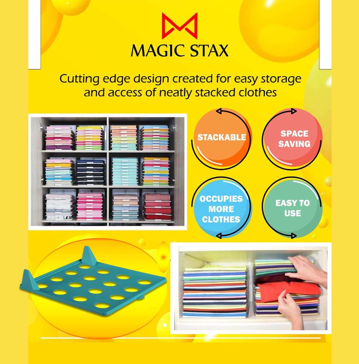 MAGIC STAX Wardrobe Cloth Storage Organizer for Shirts, T-Shirt, Trousers, Sarees and Tops Cloth, 36 x 29 x 5.5 cm (Pack of 20, Cyan Blue) 3
