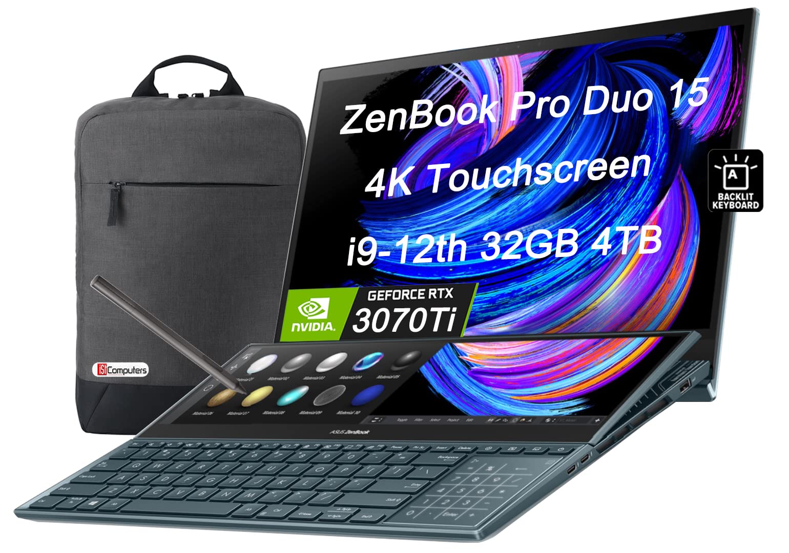 ASUS ZenBook Pro Duo 15 UX582 15.6" 4K OLED Touchscreen (Intel 14-Core i9-12900H, 32GB DDR5 RAM, 4TB SSD, GeForce RTX 3070 Ti) Business Laptop, ScreenPad Plus, Thunderbolt 4, Backlit, Pen, Win 11 Pro 1