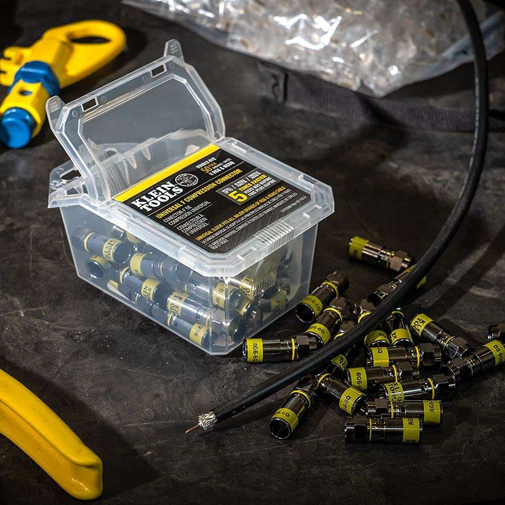 Klein Tools VDV812-612 Universal Compression F Connectors RG6/6Q Coax, Universal Sleeve Technology, Professional Grade, 50-Pack & VDV212-008-SEN Compact Compression Crimper, F-Connector 5