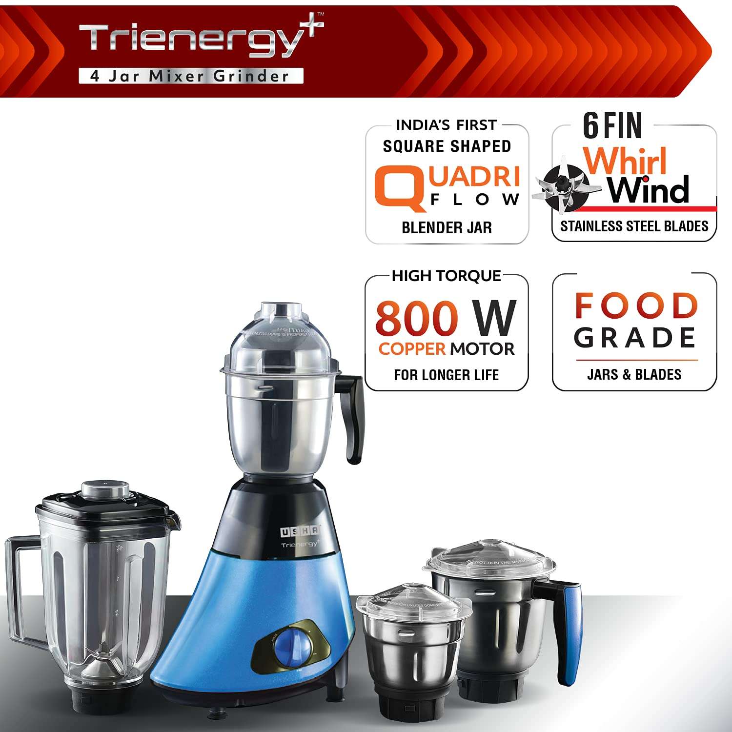 USHA Trienergy+ 800 Watt Powerful 100% Copper Motor 4 Jar Mixer Grinder with Unique Quadriflow Square Blender Jar for Faster Grinding and Smooth Blending || 5 Years Warranty On Motor (Blue, 800 Watt) 3