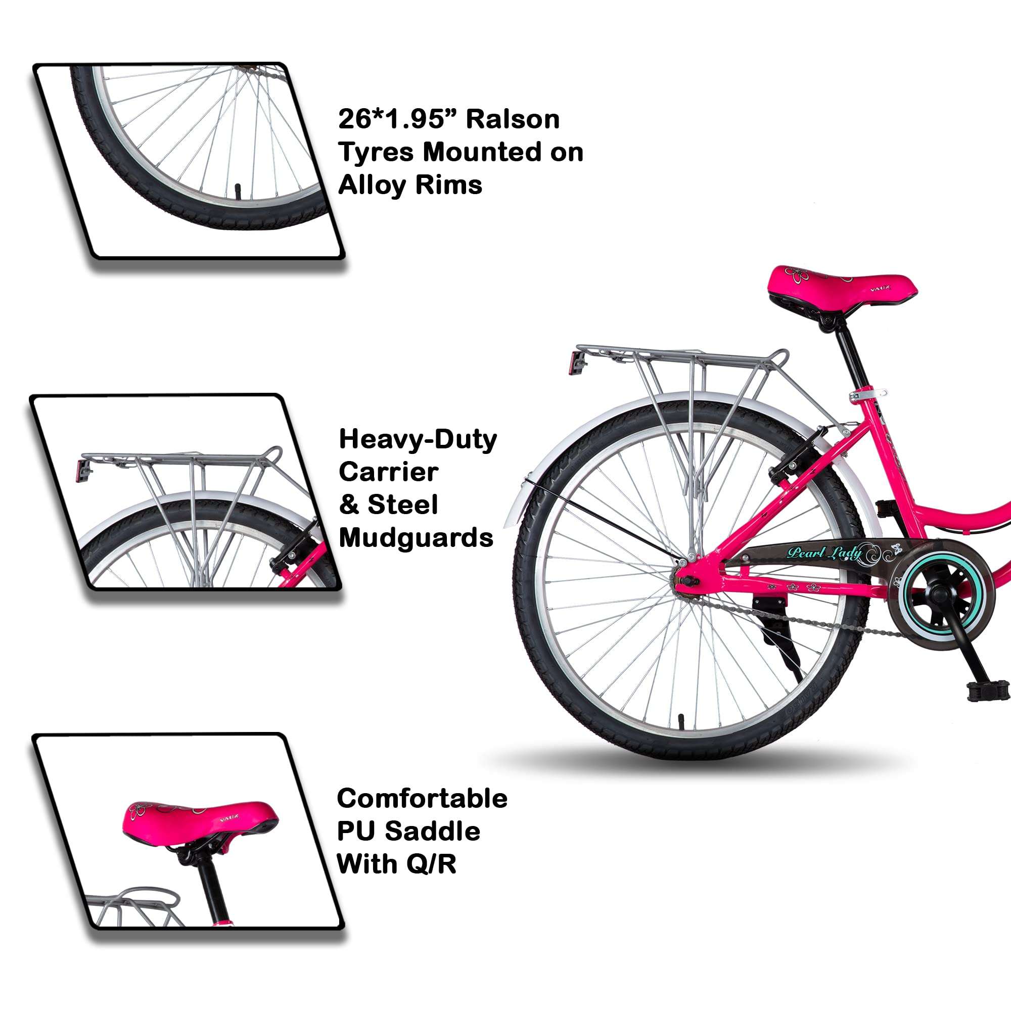 Vaux Pearl Lady Women Bicycle for an Age Group of 12+ Years with Heavyduty Carrier and Basket, Light Weight 26 inch Ladies Cycle with Alloy Rims,Powerful V-Brakes and Ralson Tyres(White-Pink) 5