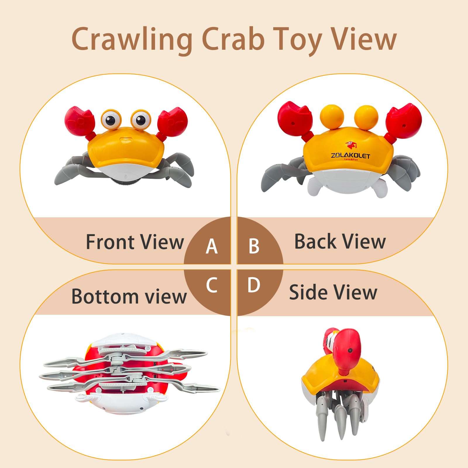 Zolakolet Crawling Crab Baby Toy Dancing Crab Baby Toy with Music and LED Lights, Automatically Avoids Obstacles Birthday, for Baby Boys and Girls 4