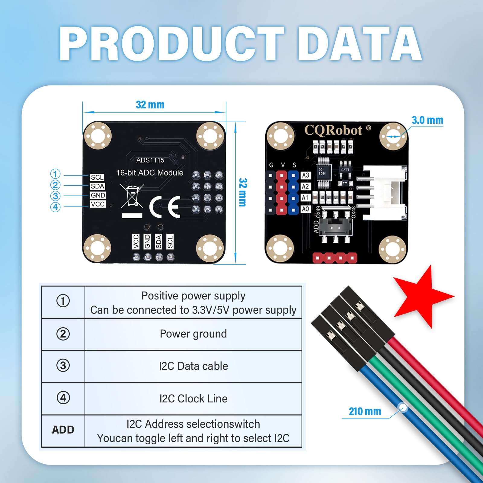 CQRobot ADS1115 16-Bit ADC Conversion Module Compatible with Raspberry Pi and Arduino Boards. Achieve Analog and Digital Signal Acquisition or Conversion, 3.3V to 5V, I2C Address Selection Switch. 4