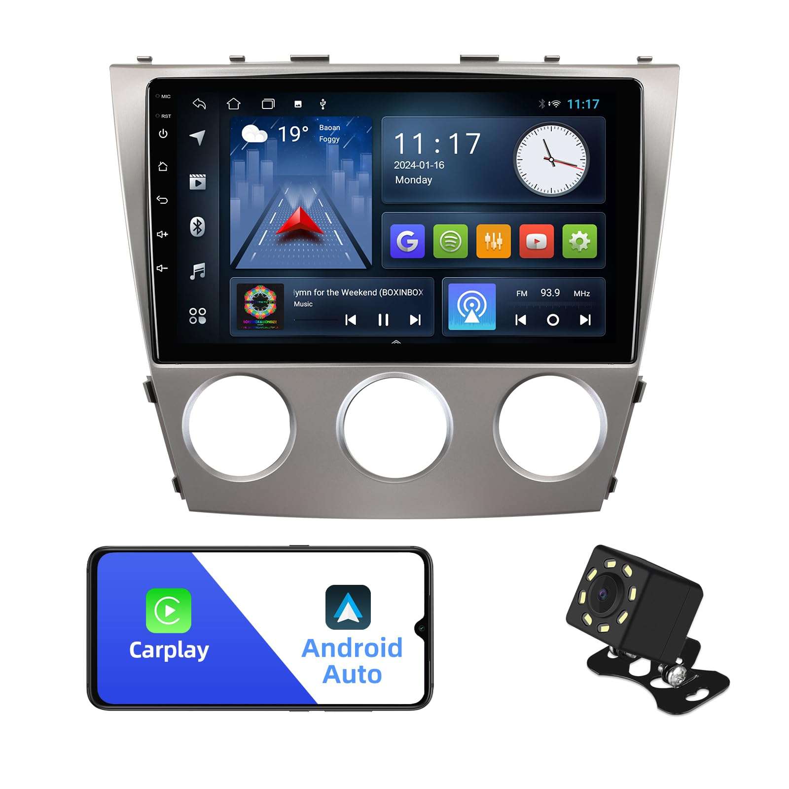 (Manual A/C) 2+32G Android 12 Double Din Car Stereo for Toyota Camry 2006-2011 with 10.1 Inch Touchscreen Radio Built-in Wireless Carplay/Android Auto/GPS/Bluetooth/FM/AUX-in/SWC/Backup Camera 1