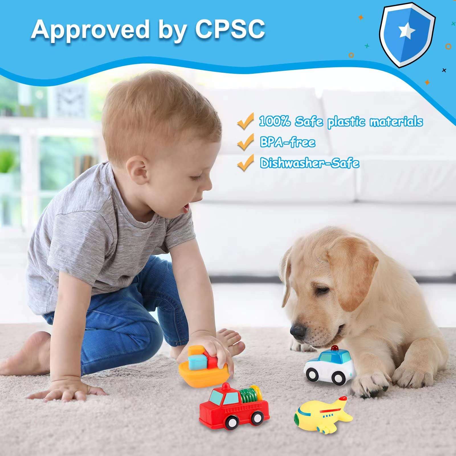 Toddler Bath Toys Bathtub Toy - Kids Floating Water Spray Toy Fun Bathtime with Boat, Plice Car,Fire Truck and Plane Plastic Toy for Baby Boys and Girls 4