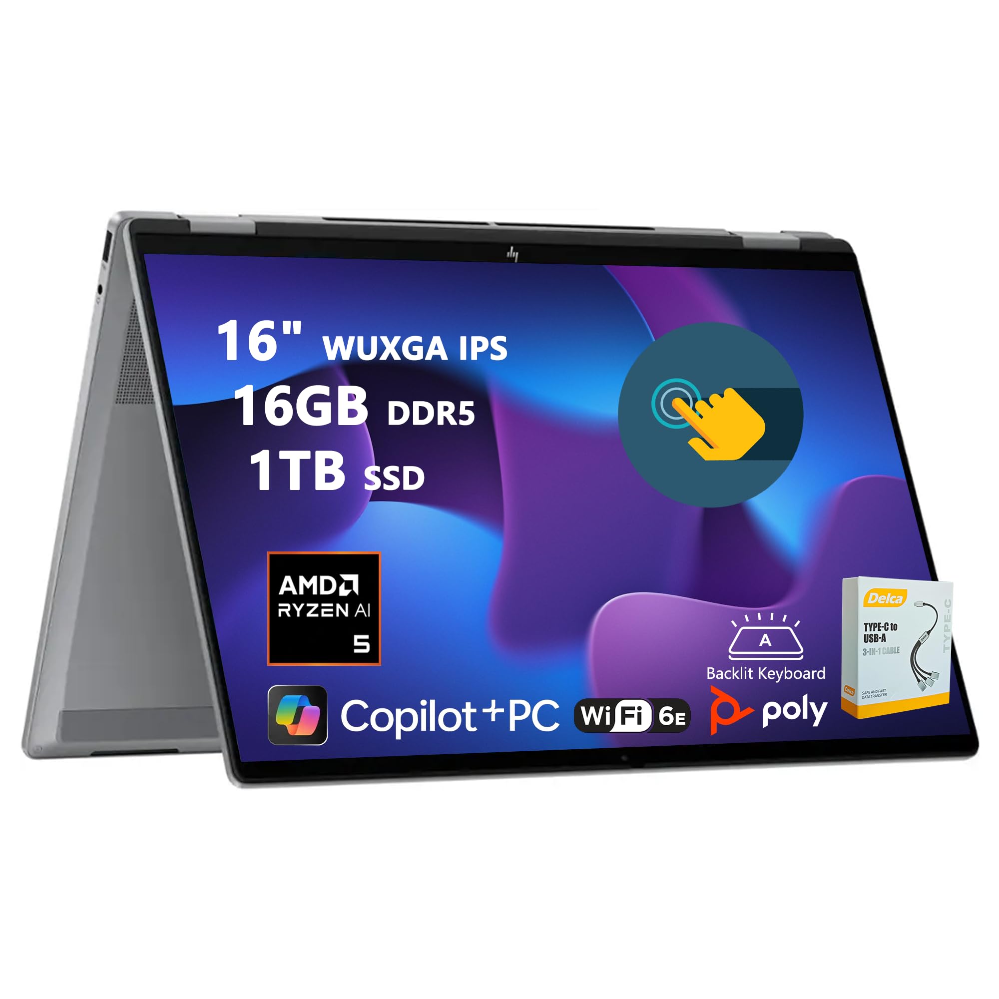HP OmniBook X Flip AI PC 2-in-1 Laptop | 16" WUXGA Touchscreen | AMD 6-Core Ryzen AI 5 340 (Up to 50 Tops) | 16GB DDR5 1TB SSD | Backlit 5MP IR Privacy Camera Win11 w/DLCA Accessory