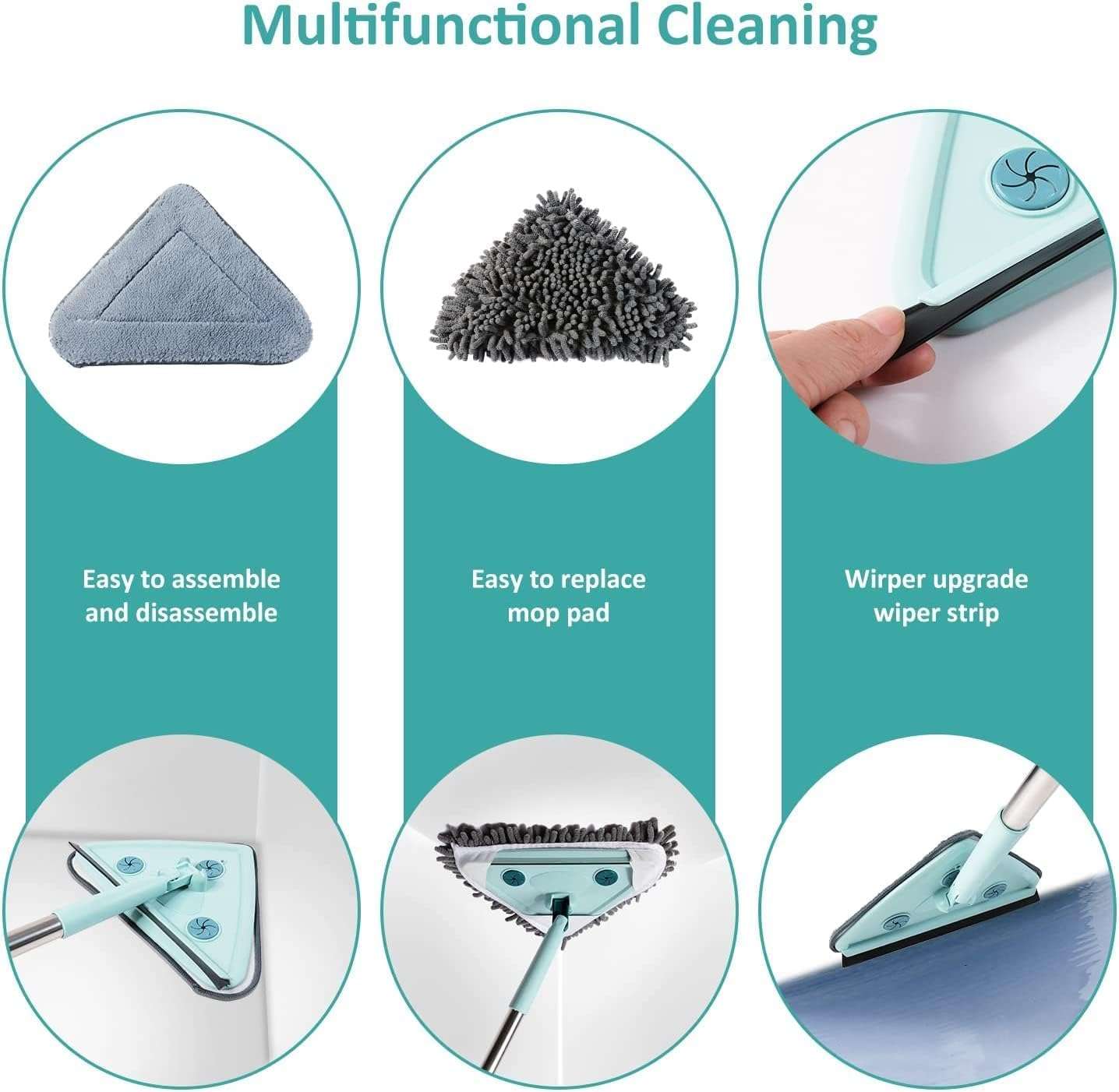 Eloxee Rotatable Triangle Mop with Long Handle Microfiber Flat Floor Mop Rotatable Cleaning Brush Glass Wiper Window Cleaner Floor Cleaning Car Glass Cleaning Scraper Dust Mop Stainless Steel 4