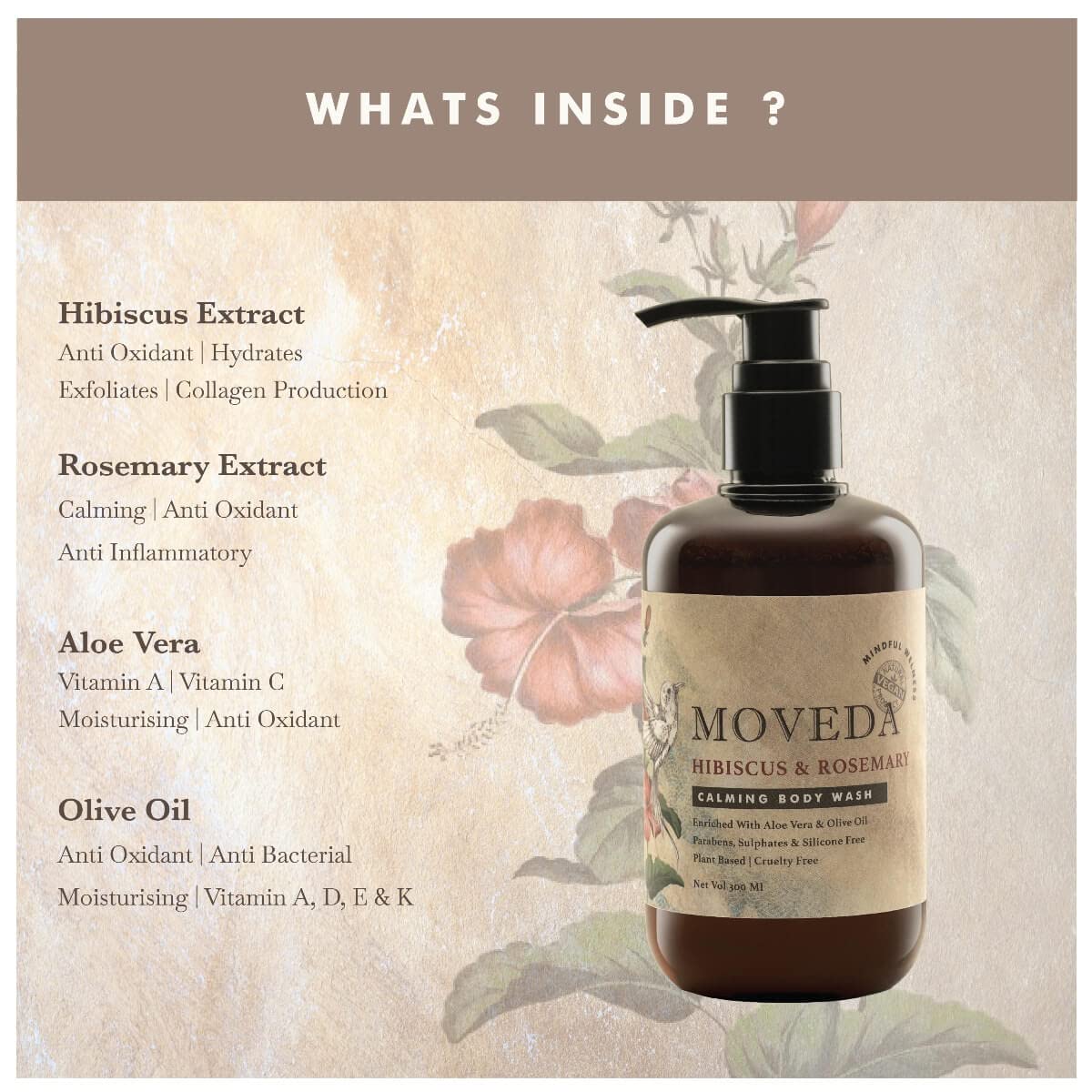 MOVEDA Hibiscus and Rosemary Calming Natural Body Wash || 100% Vegan, No SLS, Parabens & Silicones || 300 ml 3