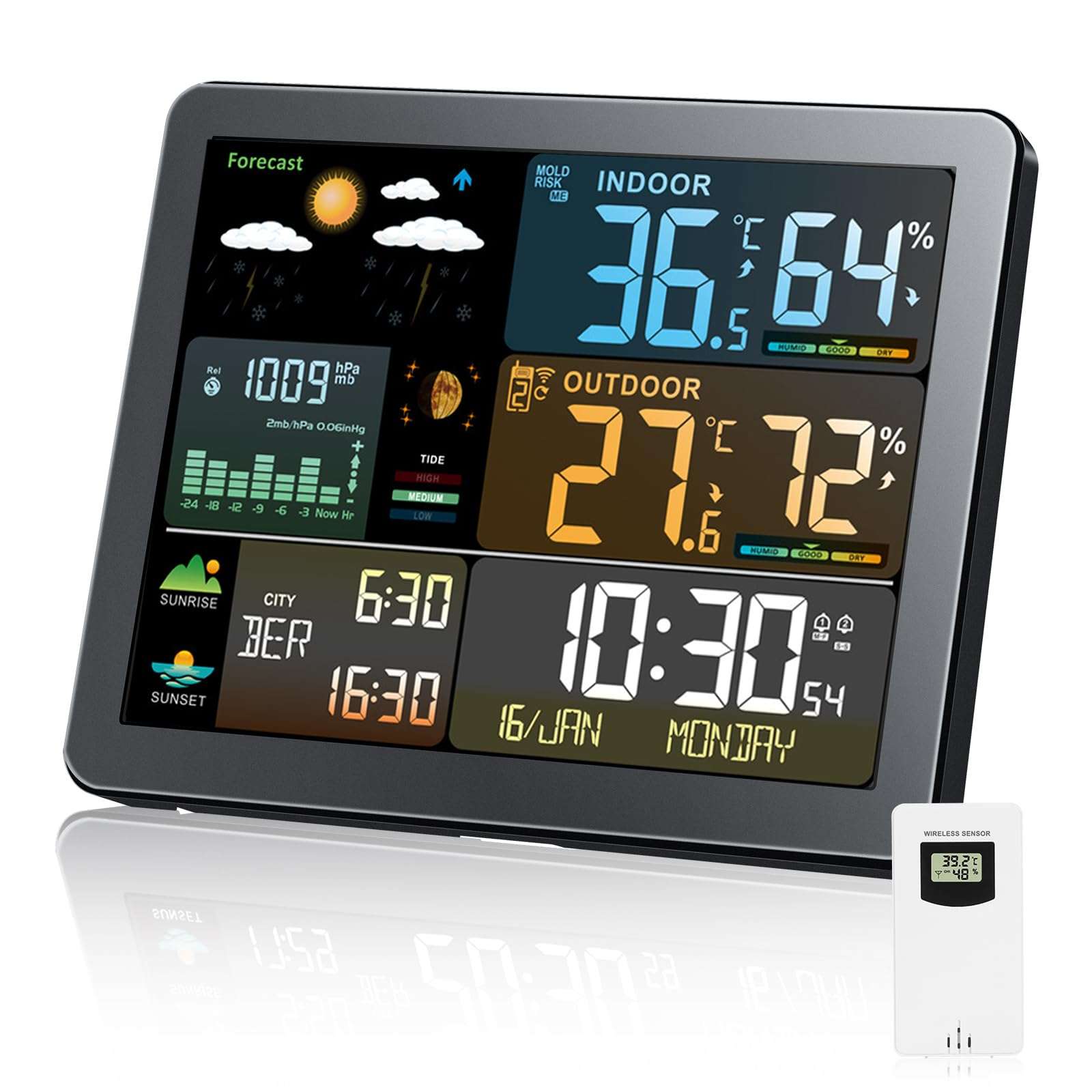 Weather Station with Atomic Clock Indoor Outdoor Thermometer Wireless, Humidity and Temperature Monitor Barometer Hygrometer with High Precision Sensor，Weather Forecast/Barometer Run Chart, Moon Phase 1