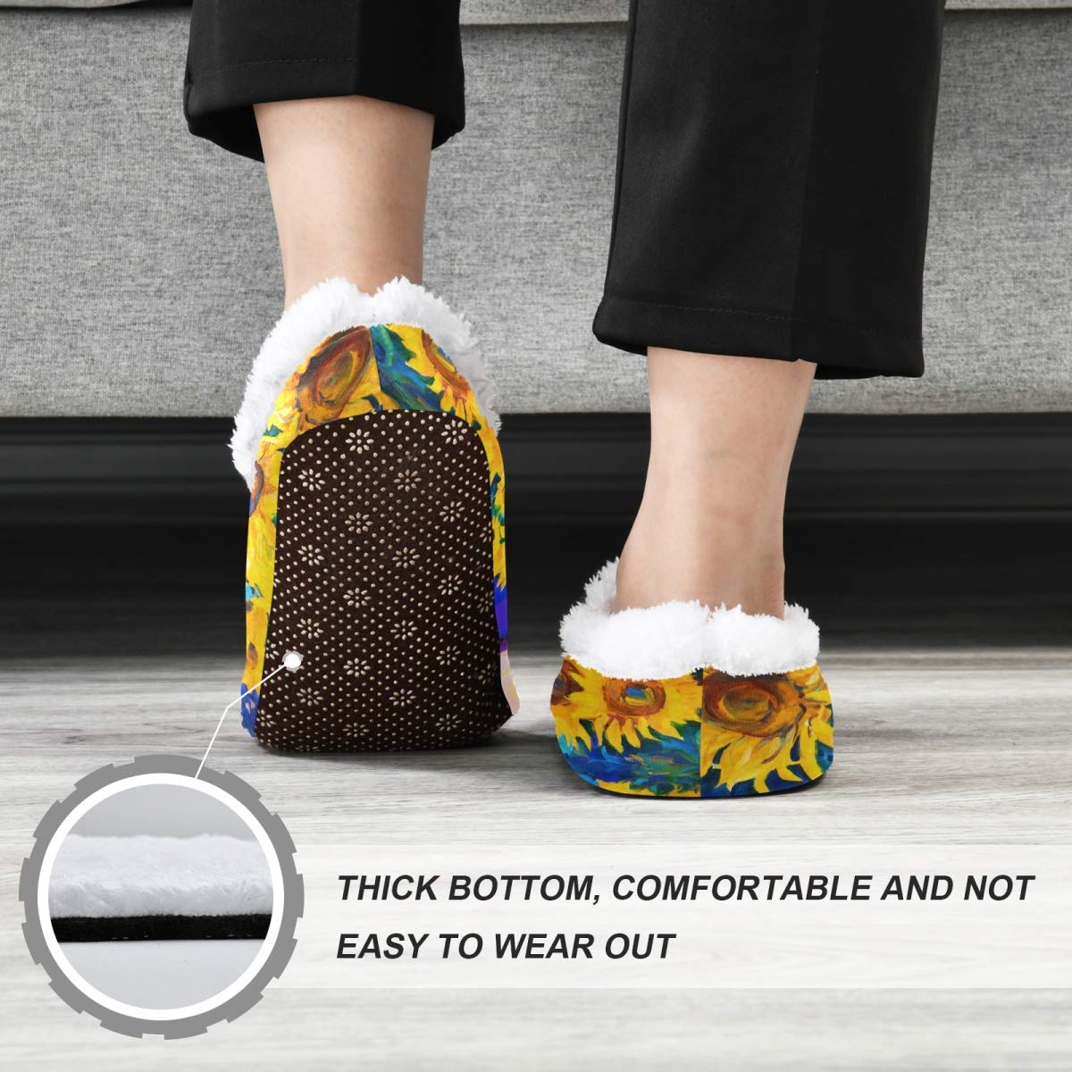 linqin Fuzzy Feet Slippers for Women and Men, Winter House Slippers Soft Warm Indoor Bedroom Home Shoes with Non Skid Sole - Oil Painting Sunflower, 1 5