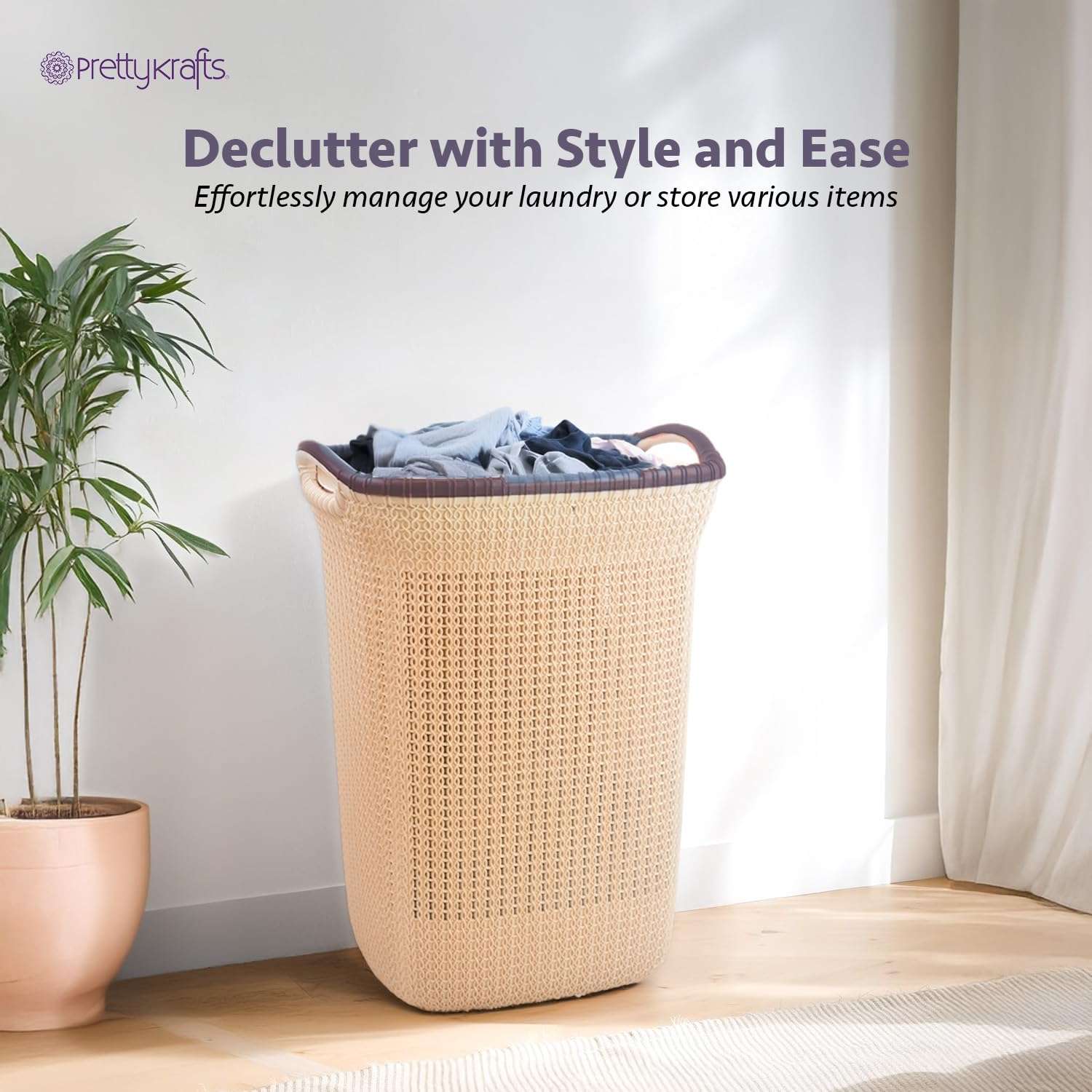 PrettyKrafts 60L Plastic Laundry Basket with Lid | Large Clothes Laundry Basket & Storage Bin | Toy Storage Basket | Multipurpose Storage Organiser | 61x45x35cm | Beige 6