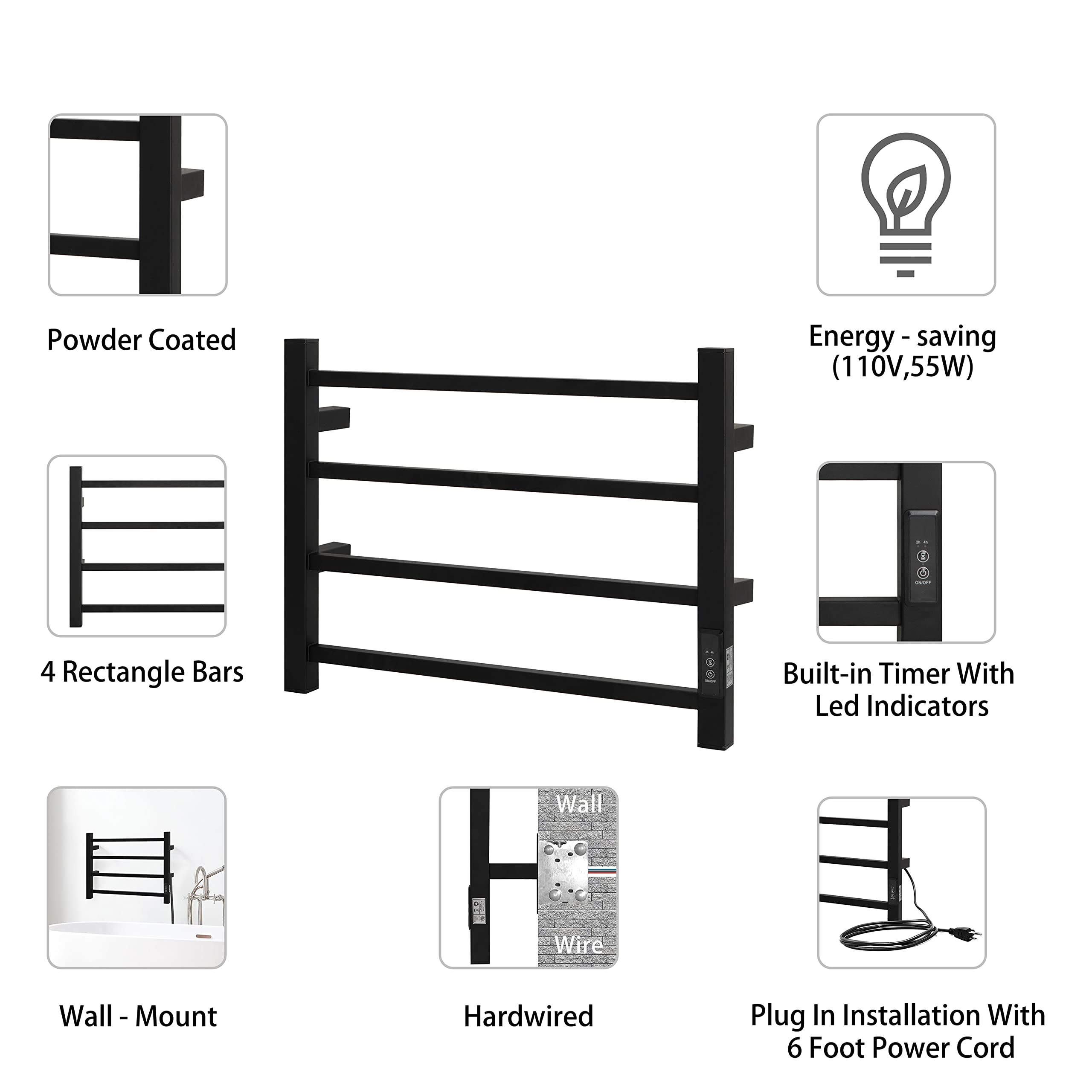 KEG Towel Warmer 4 Bars for Bathroom Wall Mounted Bath Towel Heater Hardwired and Plug-in with Built-in Timer Matte Black 4