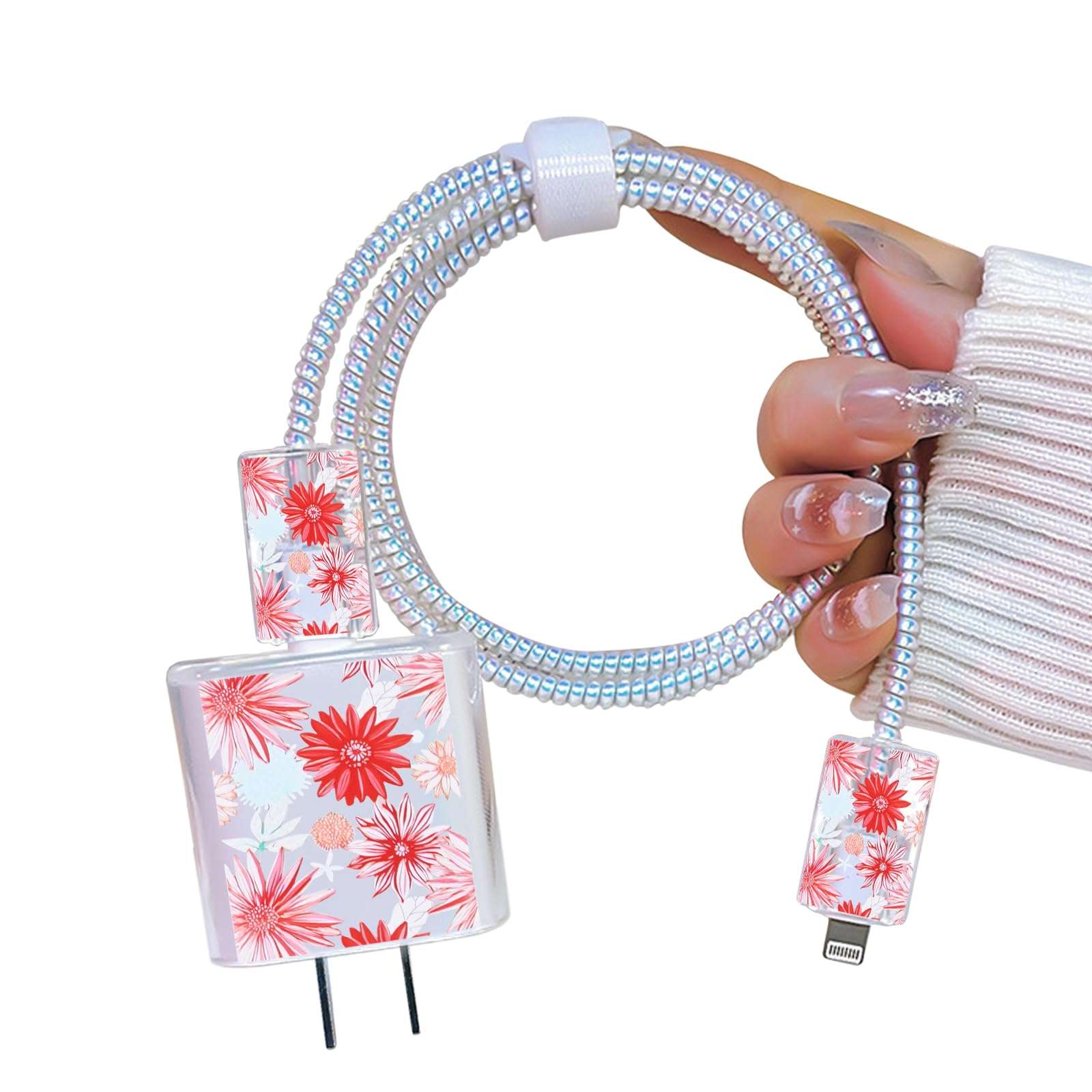 Cute Cable Protector for iPhone Adapter Charger, Red Chrysanthemum Flowers Design, Soft TPU Data Cable USB-C Case Data Line Cord Saver Charger Protective Case for iPhone 11 12 13 14 15 Pro Max 1