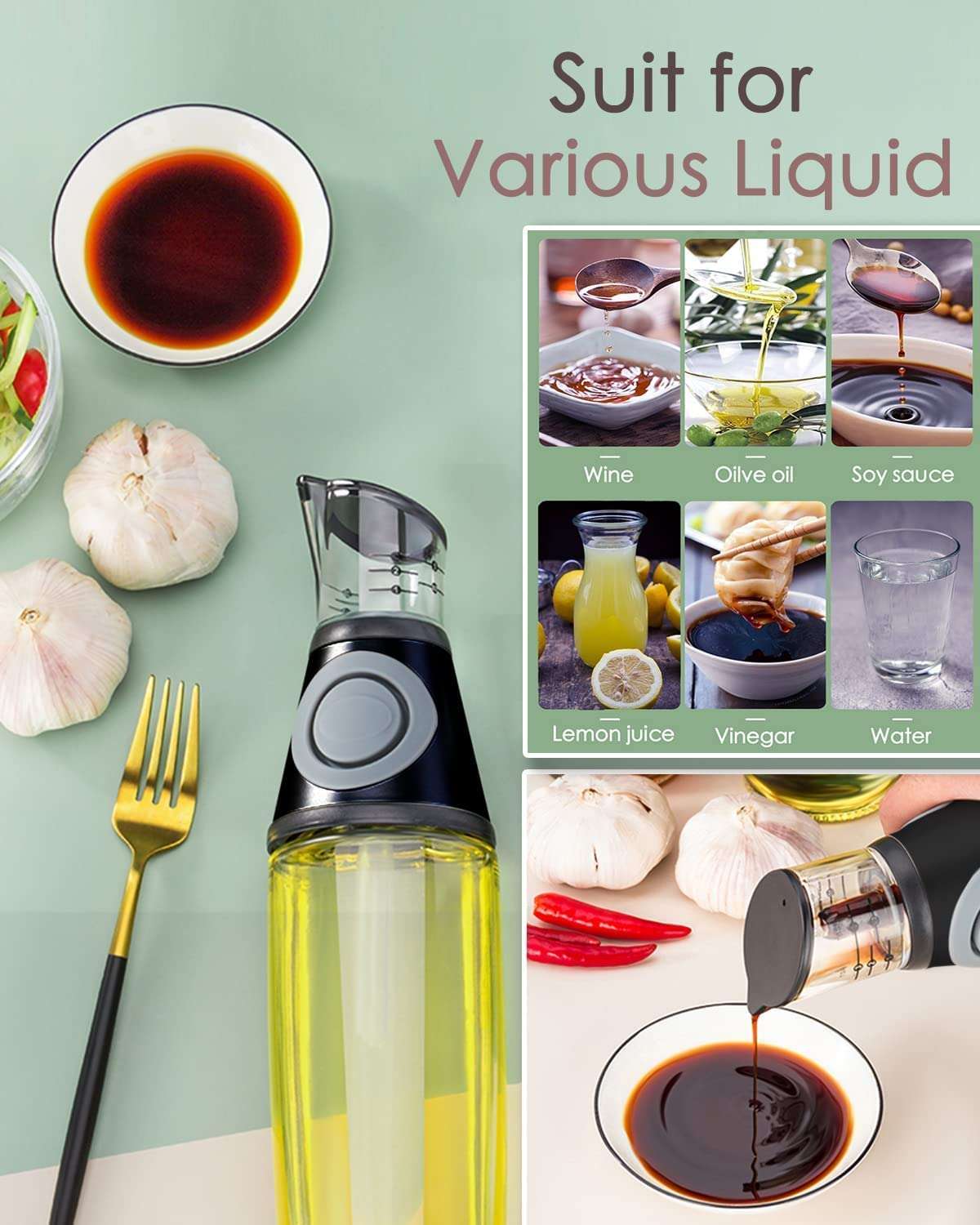 BIGXEN Press & Measure Glass Oil Dispenser, Oil and Vinegar Dispenser Set with, Measuring Scale Pump for Kitchen, Drip Free Spout Oil Dispenser Bottle for Kitchen 5