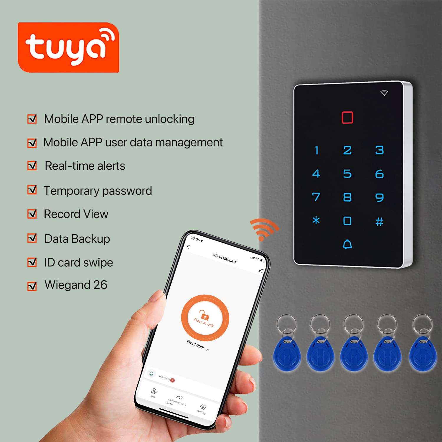 AMOCAM Wireless WiFi Access Control Keypad, Backlight Door Access Control System + 5PCS ID Keychains, Wiegand 26, Password Keypad for House Apartment, TUYA Wireless Entry Security Access Controller 2