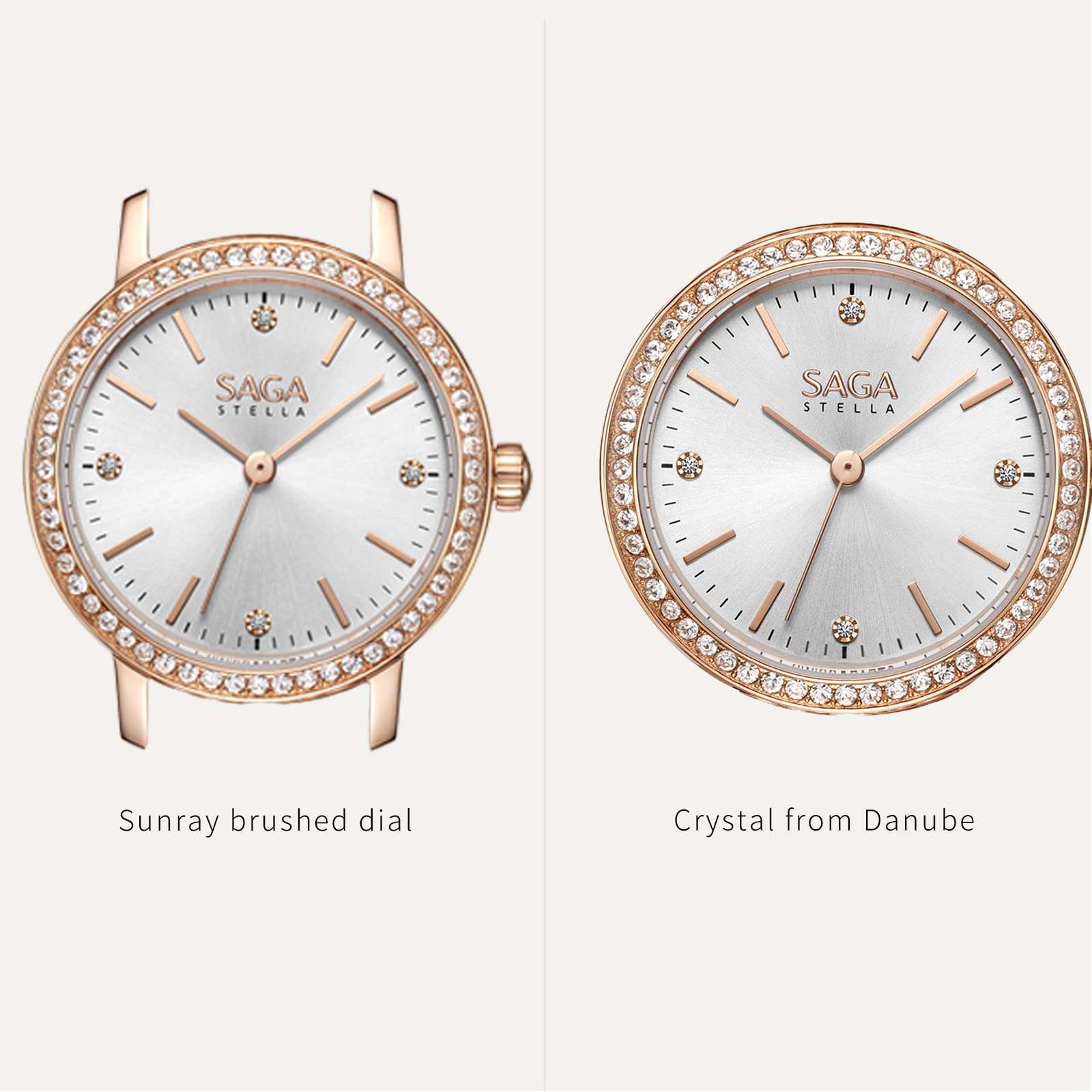 SAGA Luxury Crystal Ladies Watch Stainless Steel Crystal-Accented Dress Watch As Gift for Women Light Rose Gold 3
