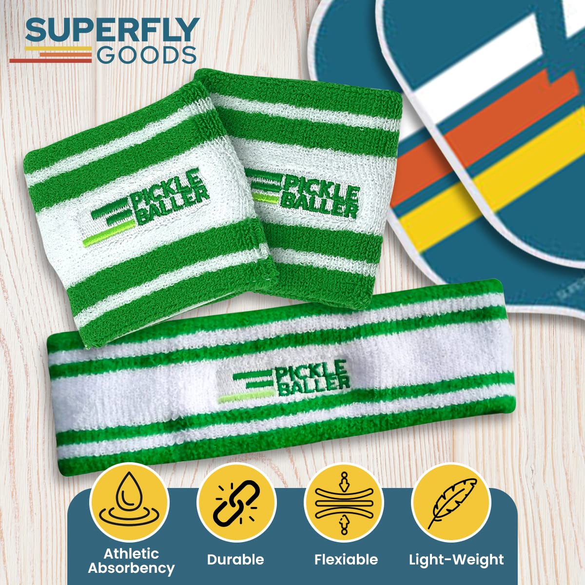 Super Fly Goods Sweatbands Pickleball Golf Tennis 1 Headband 2 Sweat Bands in Set Great Gift or for Your Sports or Team (Pickleball Head & Wristband Set) 3