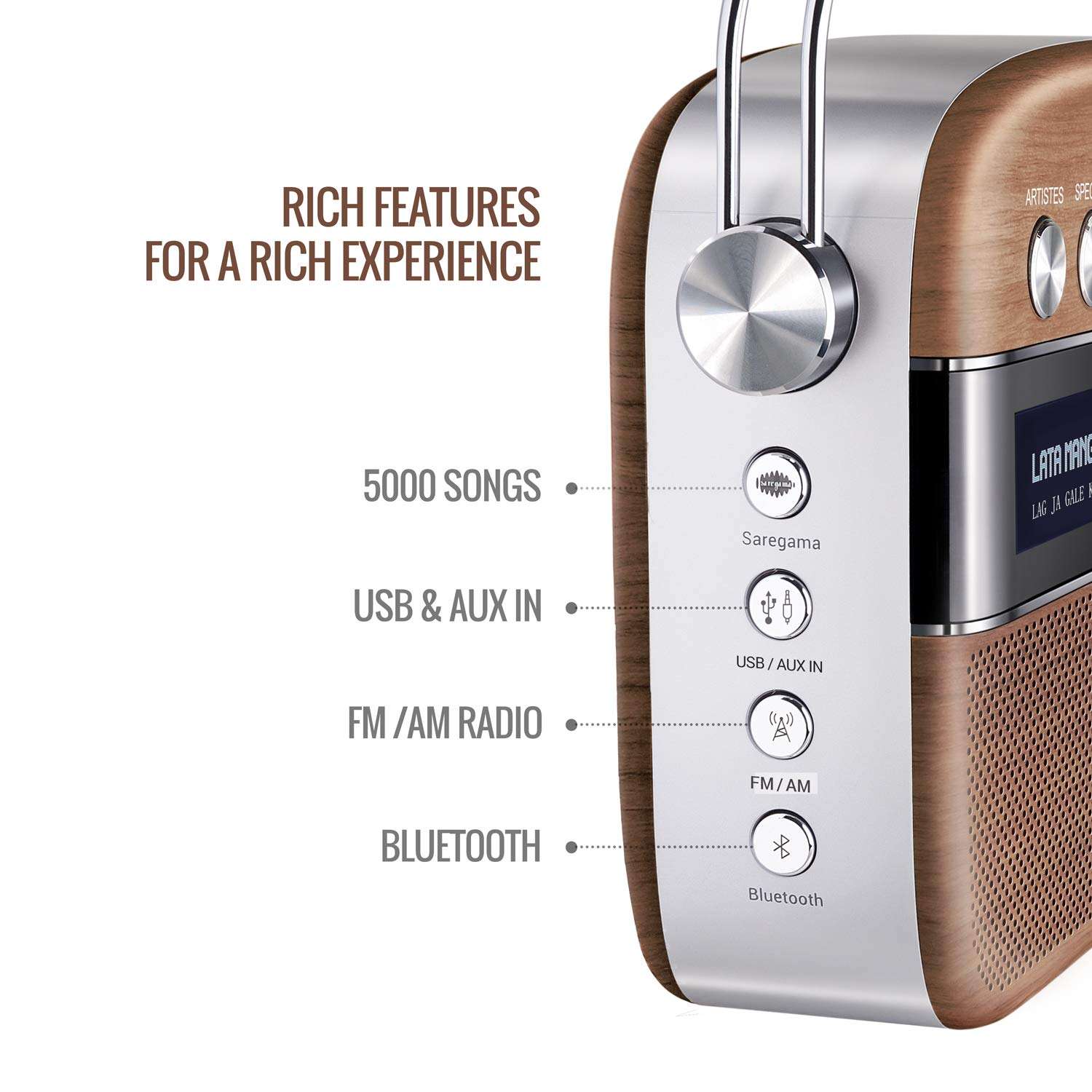 Saregama Carvaan Premium- Portable Music Player with 5000 Preloaded Songs, FM/BT/AUX (Oakwood Brown) 3