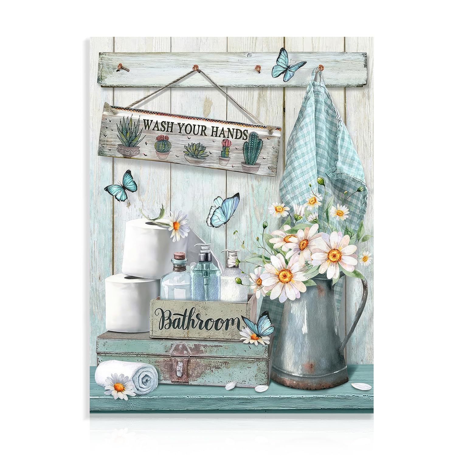 Dazzlewall Farmhouse Bathroom Decor Wall Art Rustic Teal Flower and Butterfly Pictures Wash Your Hands Sign Artwork for Bathroom 12x16 in Unframed 1