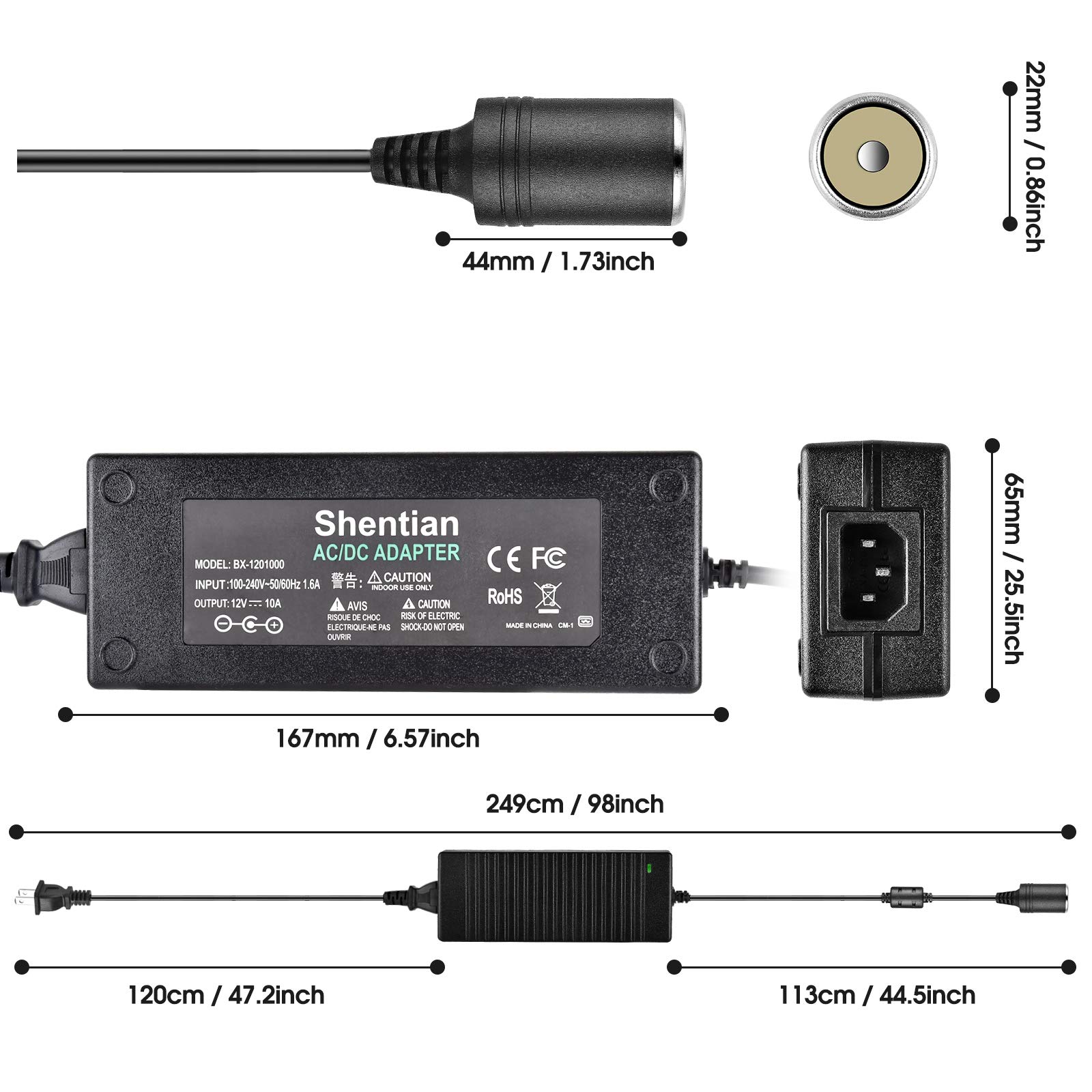 Shentian Power Supply Cigarette Lighter Socket AC to DC Adapter 110V-240V to 12V Car Power Charger Converter Black (12V 15A 3pin Power Supply) 3