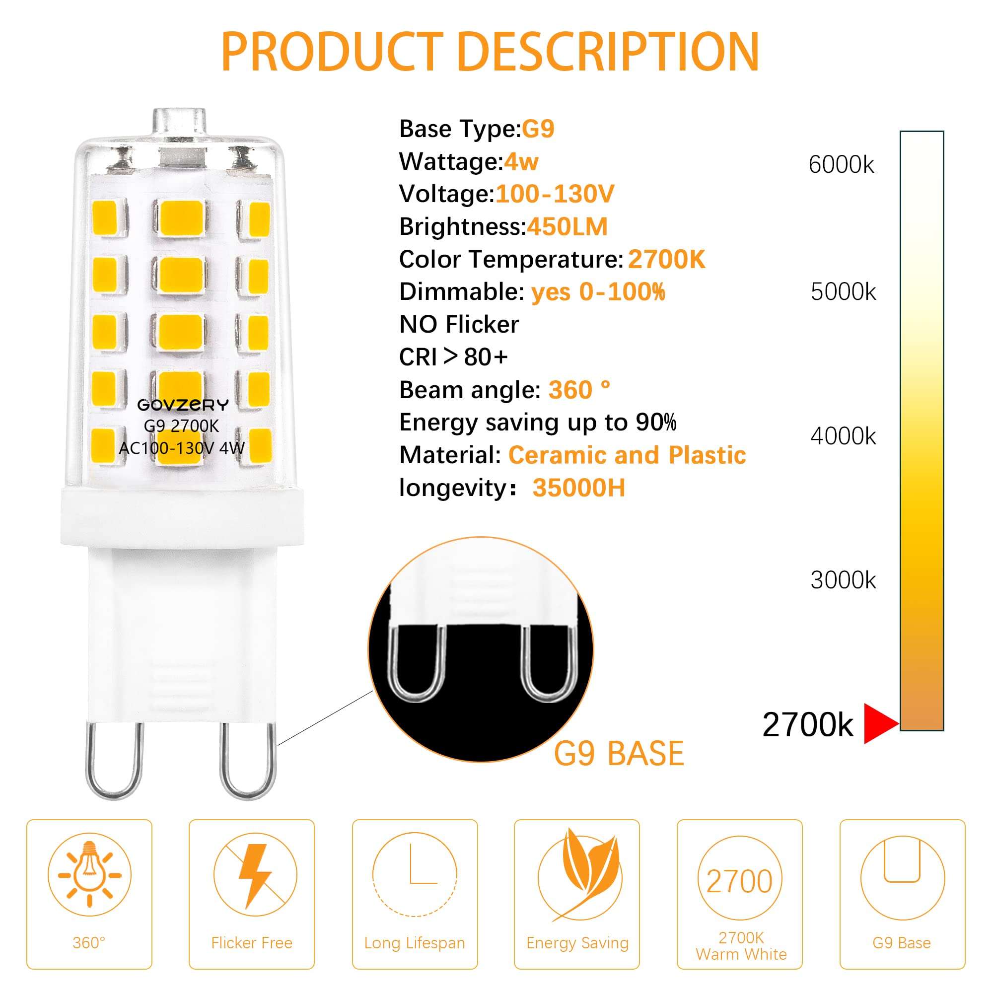 G9 LED Light Bulb Dimmable 2700K Warm White G9 Ceramic Lamp Bulb 4W Equivalent to 40W Halogen Bulb,AC120V(AC100-130V ) 450 Lumens No-Flicker,for G9 Base Chandelier Bulbs Replacement,Pack of 12 4