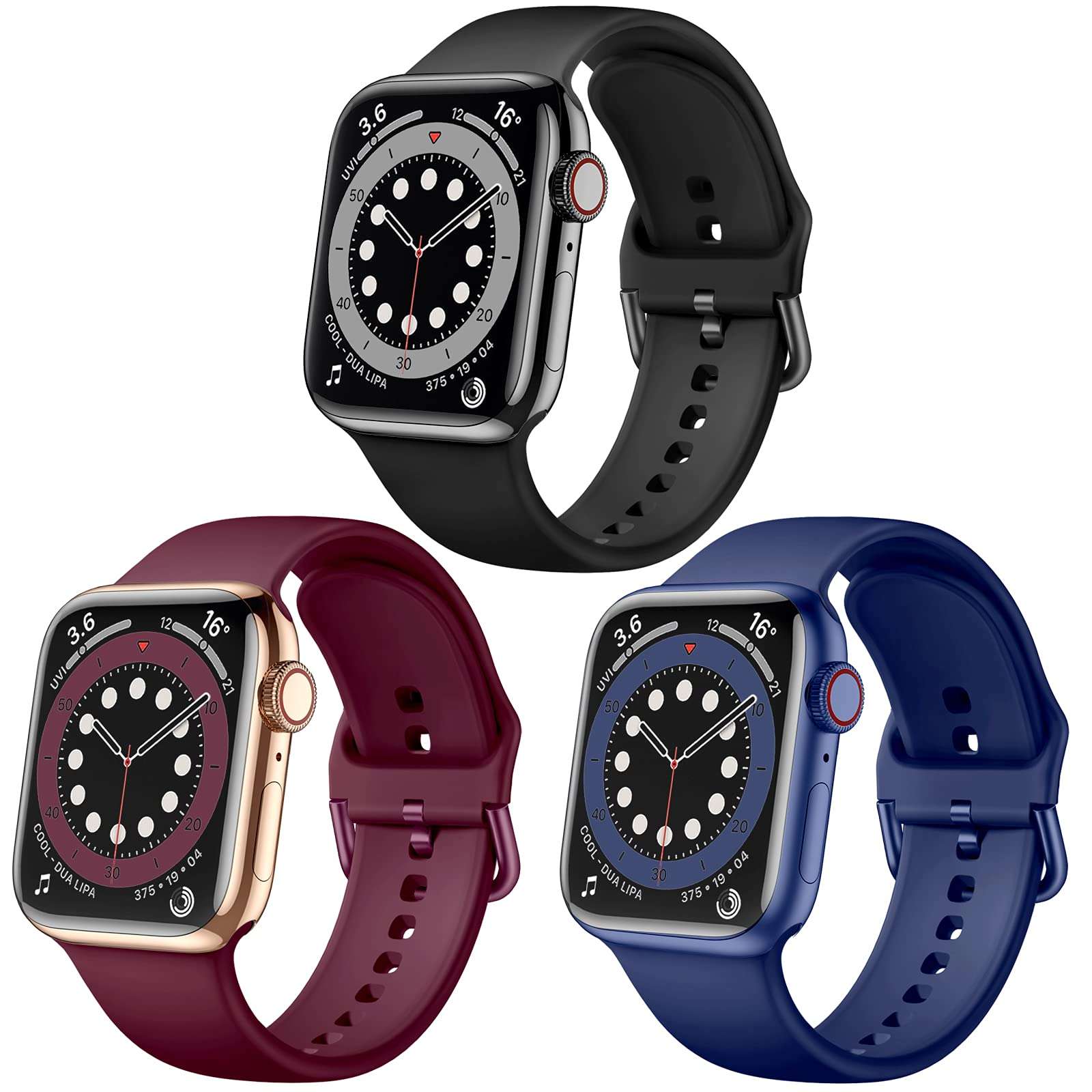 Maledan Compatible with 38mm Apple Watch Band 40mm Women Men, 3 Pack Stylish Silicone Sport Bands Wristbands Replacement Strap for 42mm 44mm Apple Watch SE Series 6 5 4 3 2 1, Black/Wine/Blue 1