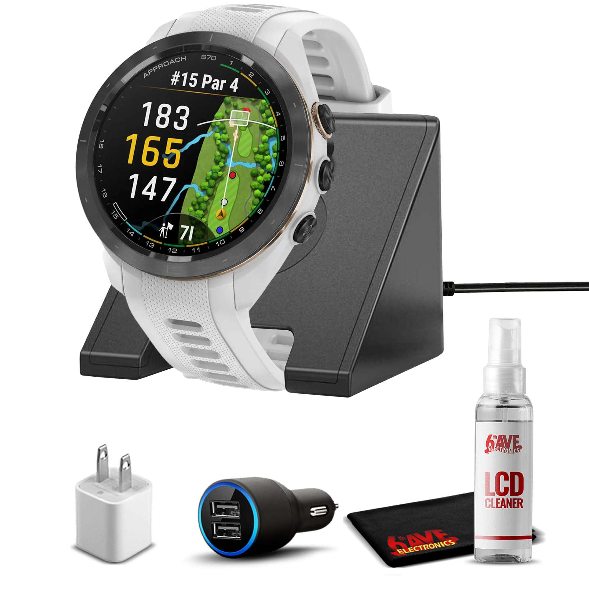Garmin Approach S70, 42mm, Premium GPS Golf Watch, White with Charging Stand, Car & Wall Adapters and Cleaning Kit 1