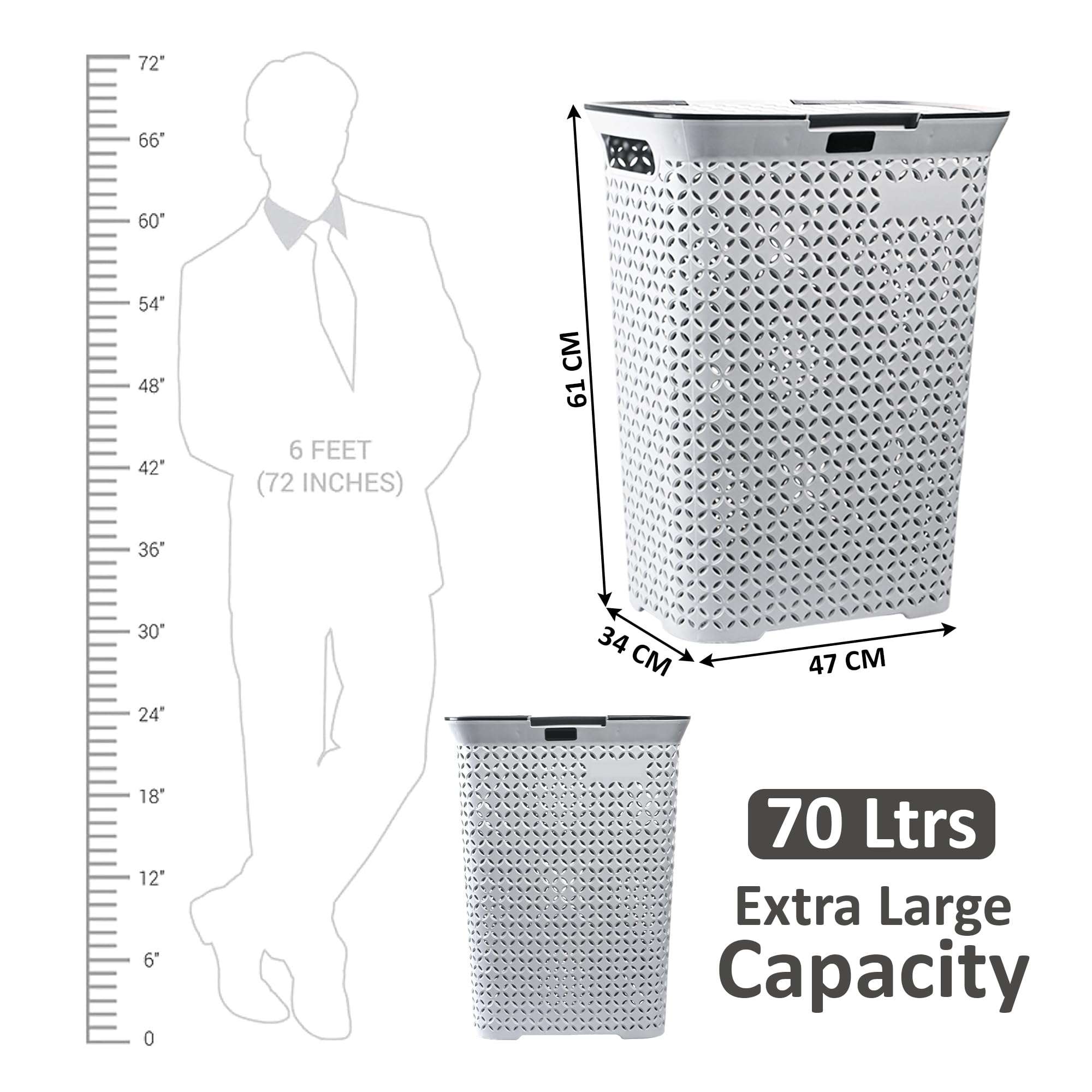 Kuber Industries 70 Ltrs Plastic Large Laundry Basket for Clothes with Lid | Multipurpose Storage Organiser for Home, Bedroom and Bathroom | Grey 4