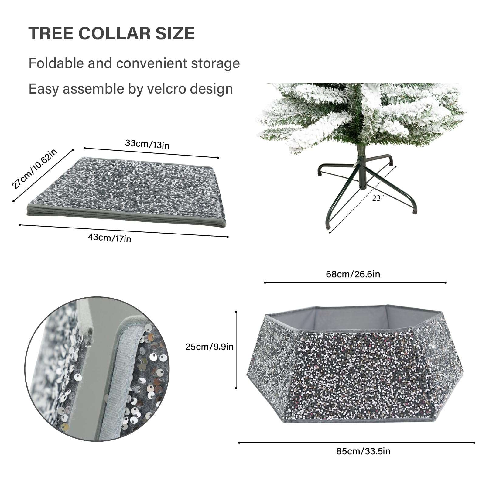 Silvergrey Christmas Tree Collar with Sparkling Sequins,Christmas Tree Collars for Atificial Trees, 33.5 Inch Christmas Tree Skirt, Xmas Tree Stand Base Cover,Holiday Home Decor Tree Ring(Large) 4