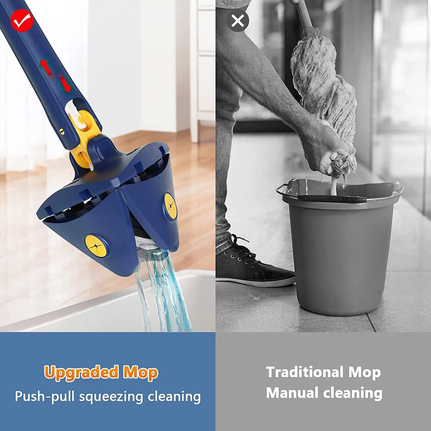MY TRIO 360° Rotatable Adjustable Triangle Multifunctional Cleaning Mop || Stainless Steel Long Handle Push-Pull Squeezing Cleaning Mop || Dry & Wet Mop for Floor || Aluminum || Multicolour || 4