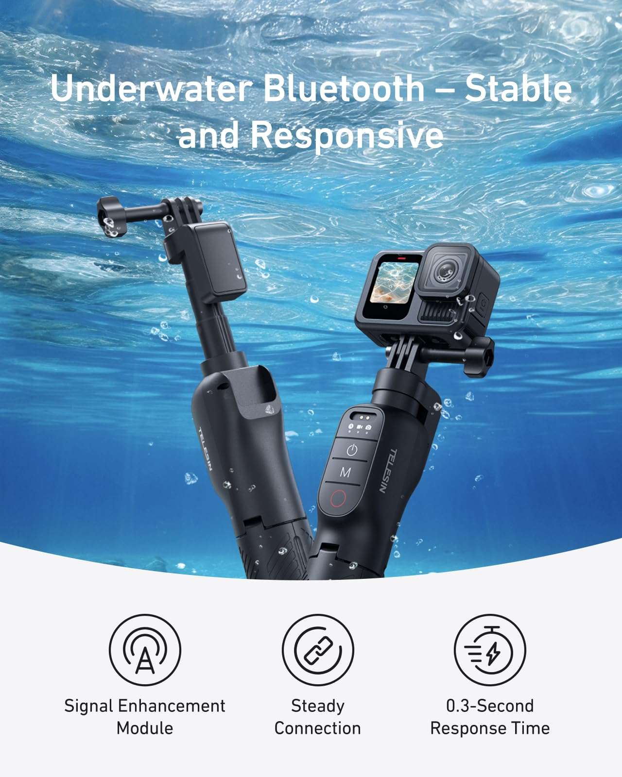 TELESIN Bluetooth Floating Selfie Stick Tripod for GoPro Hero 13/12/11/10/9, Waterproof Extendable Pole 3-in-1 Hand Grip Tripod with Signal Booster, 15M Diving Stick for Surfing, Snorkeling, Vlogging 3