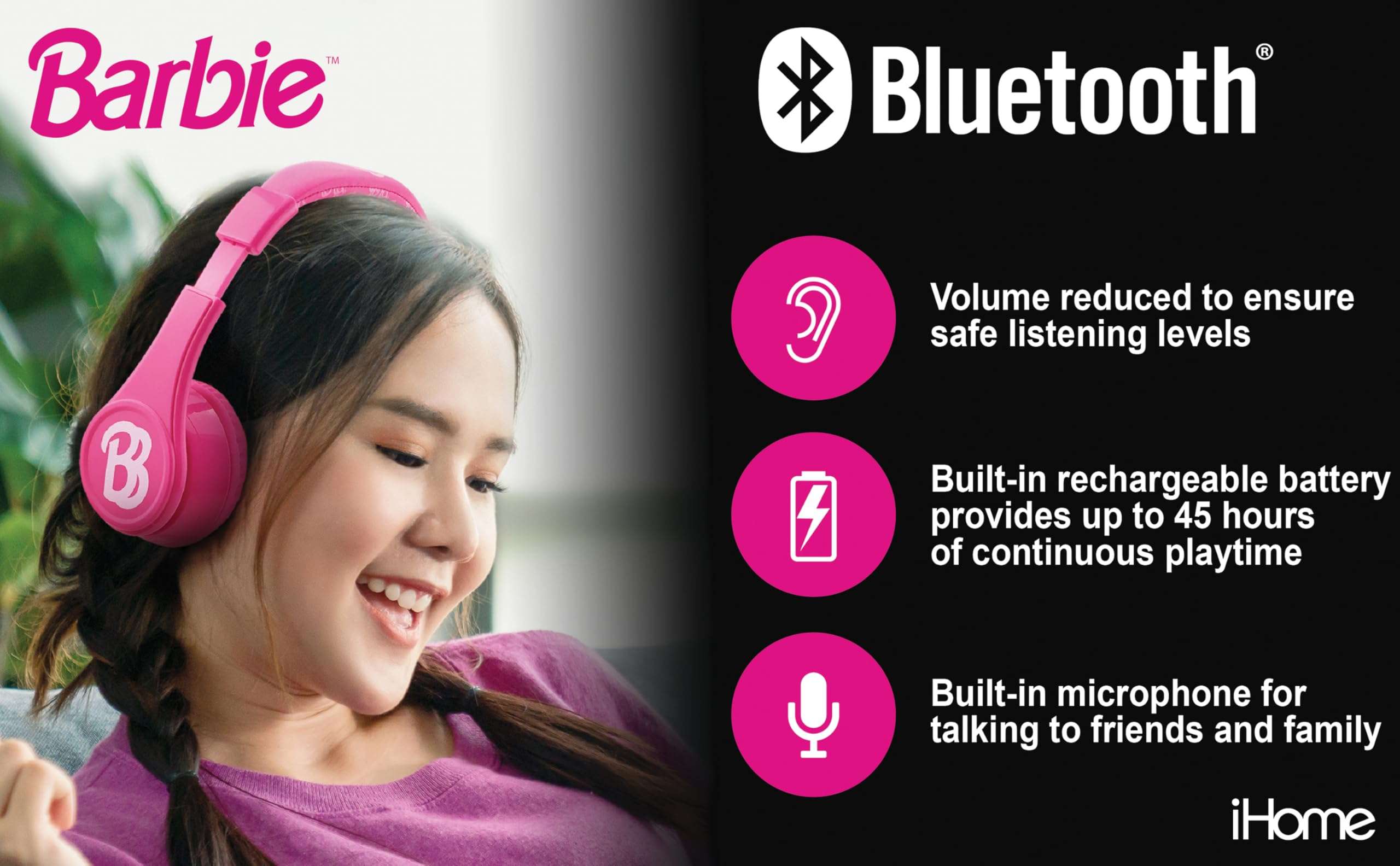 eKids Barbie Bluetooth Headphones, Pink Wireless Headphones with Microphone Includes Aux Cord, Volume Reduced Kids Foldable Earphones for School, Home, or Travel 5