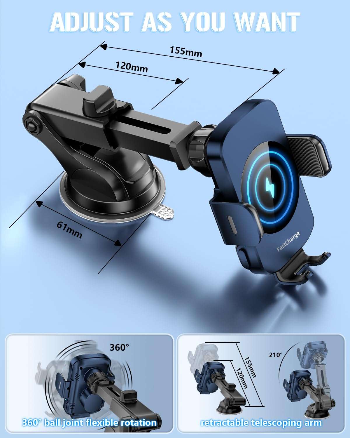 BothLin Wireless Car Charger, Fast Charging Phone Holder 3 in 1 Phone Mount Auto Clamping Car Accessories Compatible with iPhone 17 16 15 14 13 12 11 Xs XR, Samsung S23 Ultra S22 S21 S20(Deep Blue) 6
