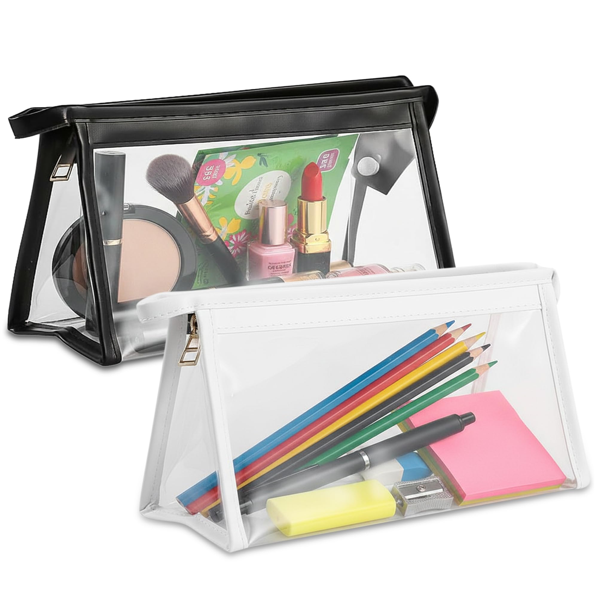 GLUN® Transparent Stationary Pouch with Zip Closing, Pack of 2 Black and White Unisex Pouch Organizer for School, Collage, Office, Multi-Purpose Pouch Pack of 2 1