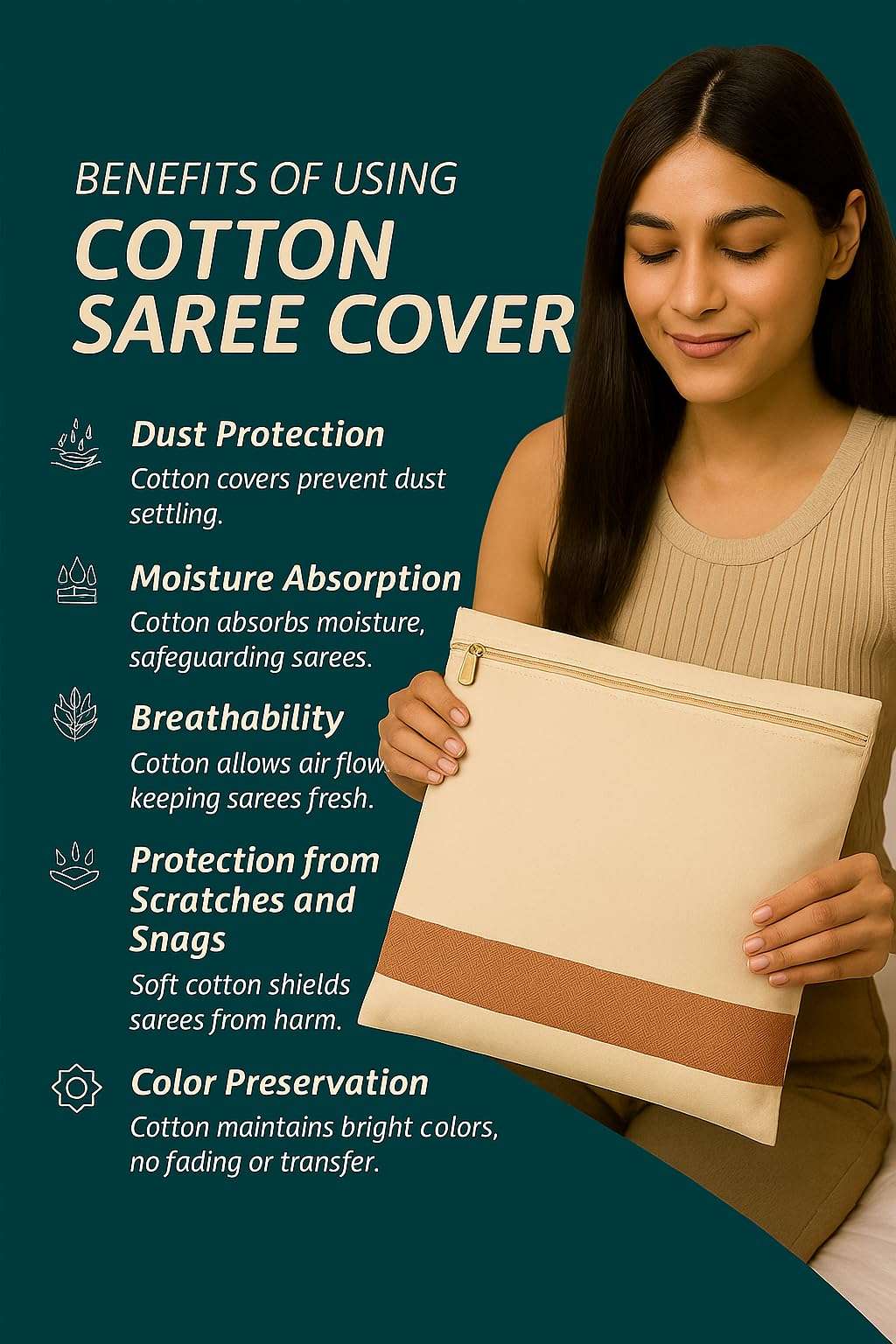 Kottify Cotton Saree Storage Bags/Covers Set of 12 | Big Size Single (16 x 14 Inches) with Zip Closure | Clothes & Wardrobe Organizer with Transparent Mesh Window | Beige 6