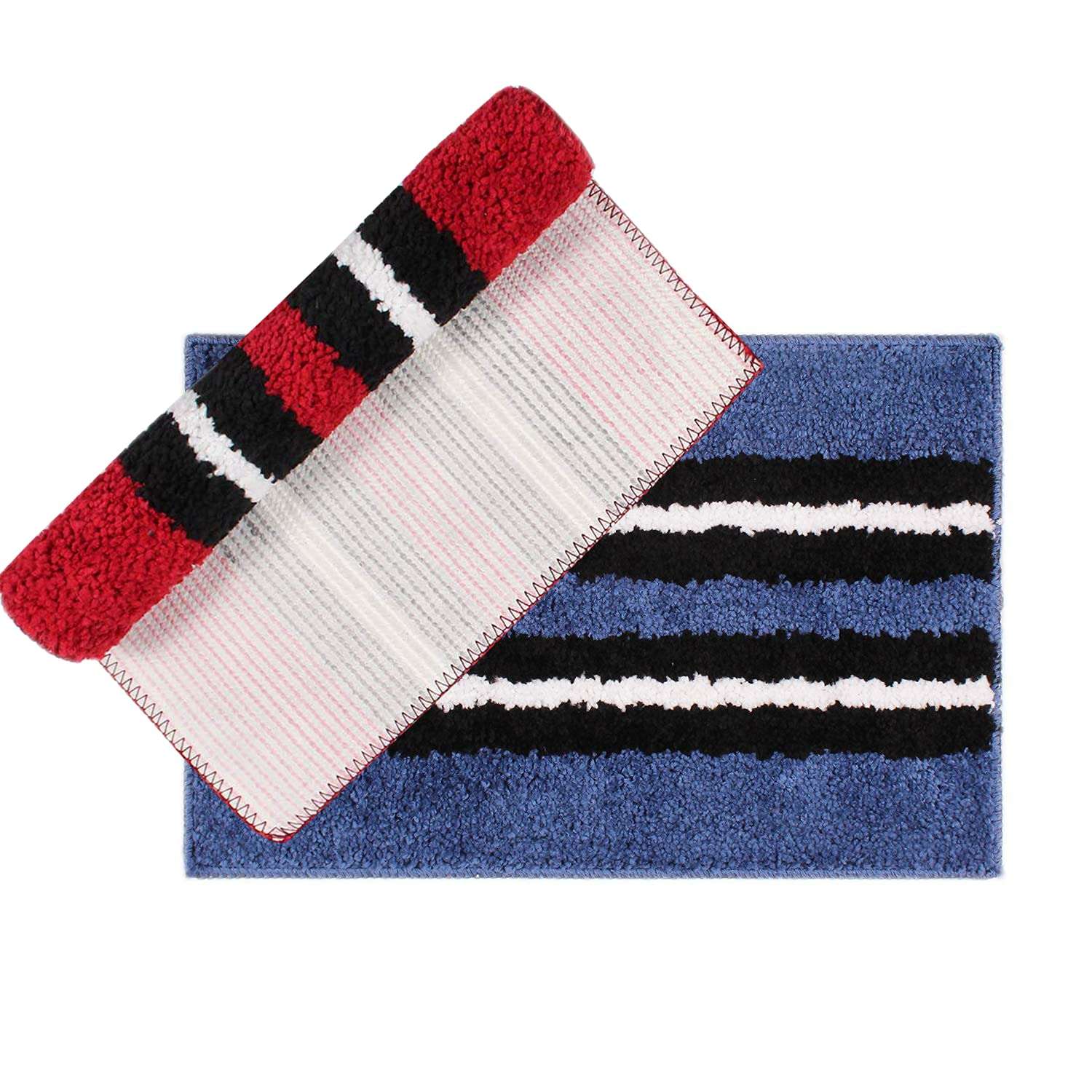 Flooring India Co Microfiber Anti-Skid & Water Absorbent Stripe Design Mat (Piece of 2, Blue & Maroon, 38 x 58 cm) 1