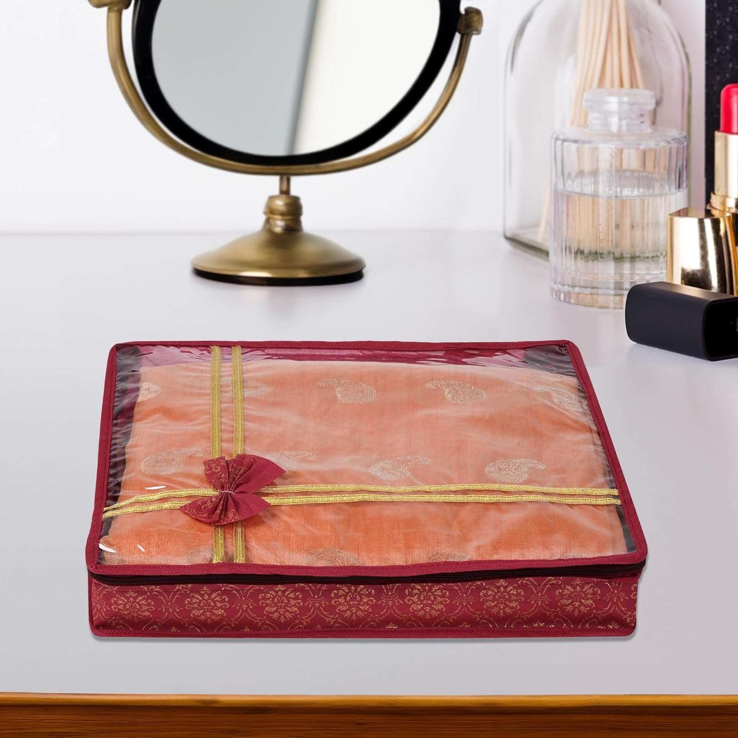 Kuber Industries polyester Pack of 6 Saree Cover|Cloth Packing Bags with Zip|Dress Pouches for Storage|Suit Bags for Women|Saree Organizer for Wardrobe|Bow Golden Printed|3 Inch|Maroon 3