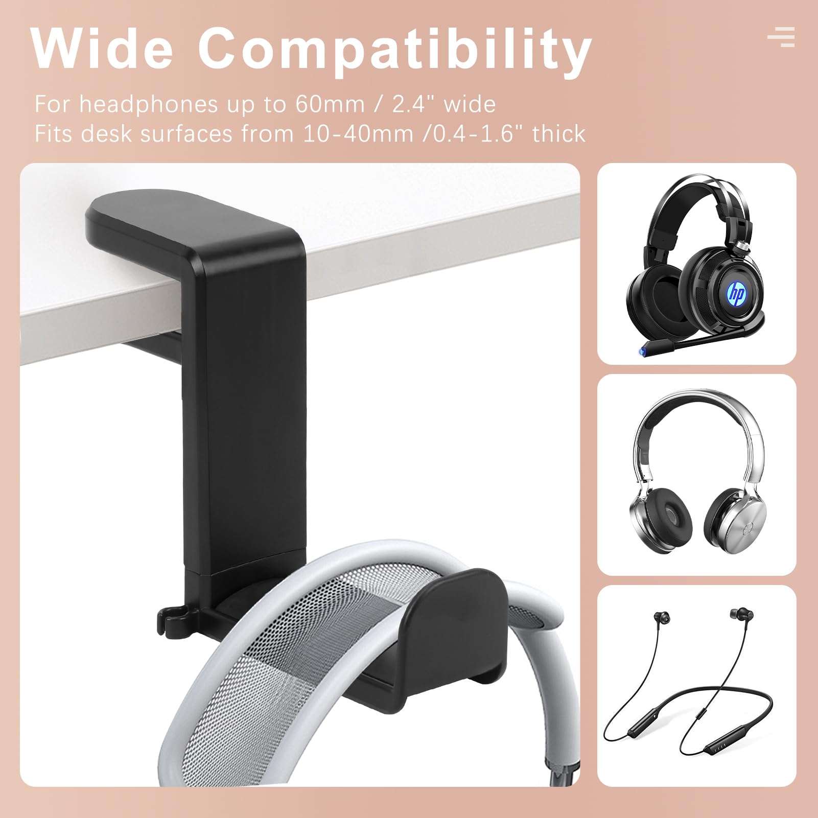 Songaa Headphone Stand - 360 Degree Rotation Headset Hanger Holder with Cable Organizer Clip Black, Black Adjustable Gaming Headphone Hook Under Desk Mount Headset Clamp 3