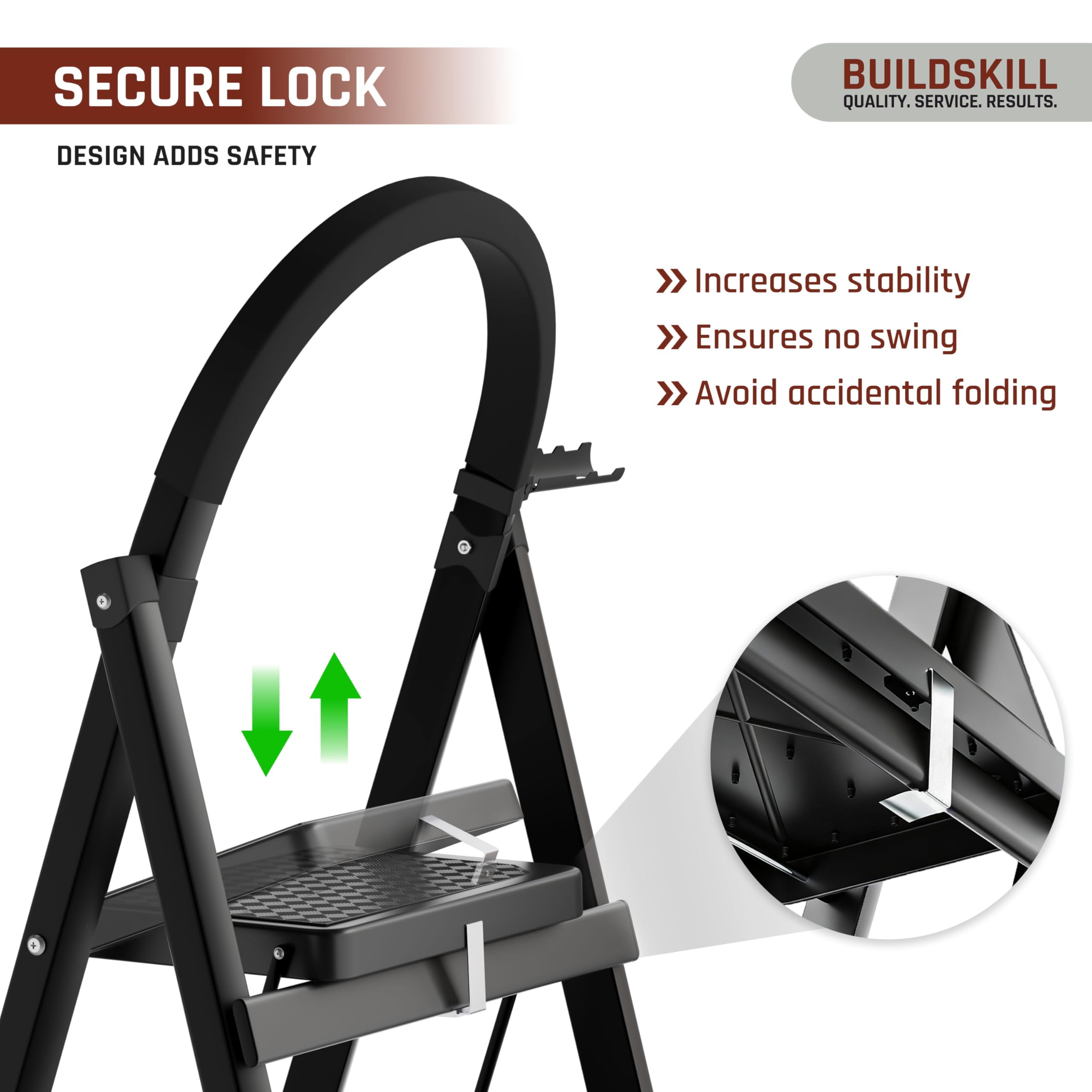 BUILDSKILL Black 6 Step Ladder for Home Use with Built-in Tool Tray | Heavy Duty D Shape Rods | 20 x 30 cm Large Step with Rubber Pad | Secure Lock | 150Kg Capacity Foldable Ladder - 5 Years Warranty 4